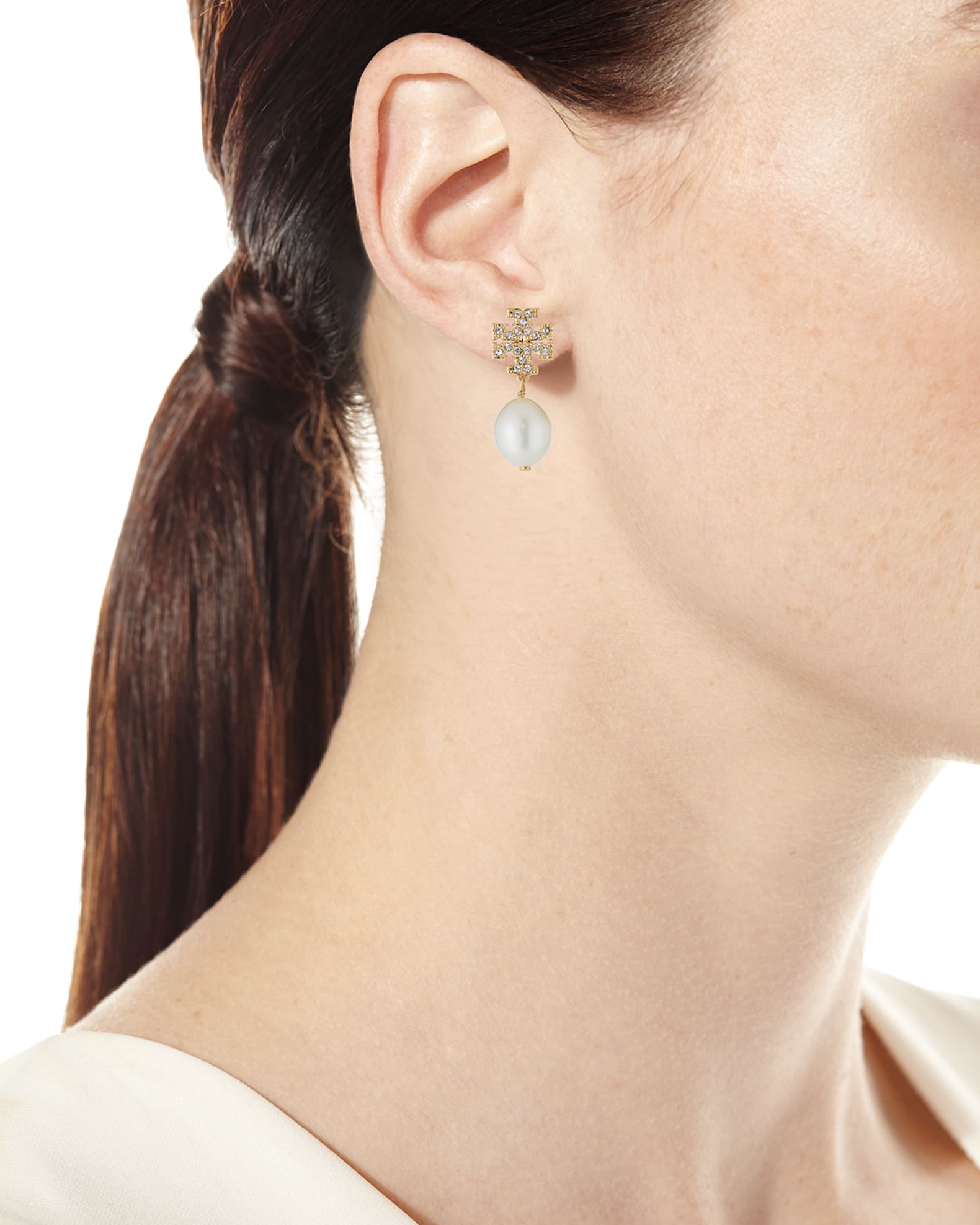 Tory Burch Kira Pave Pearl Drop Earring | Neiman Marcus