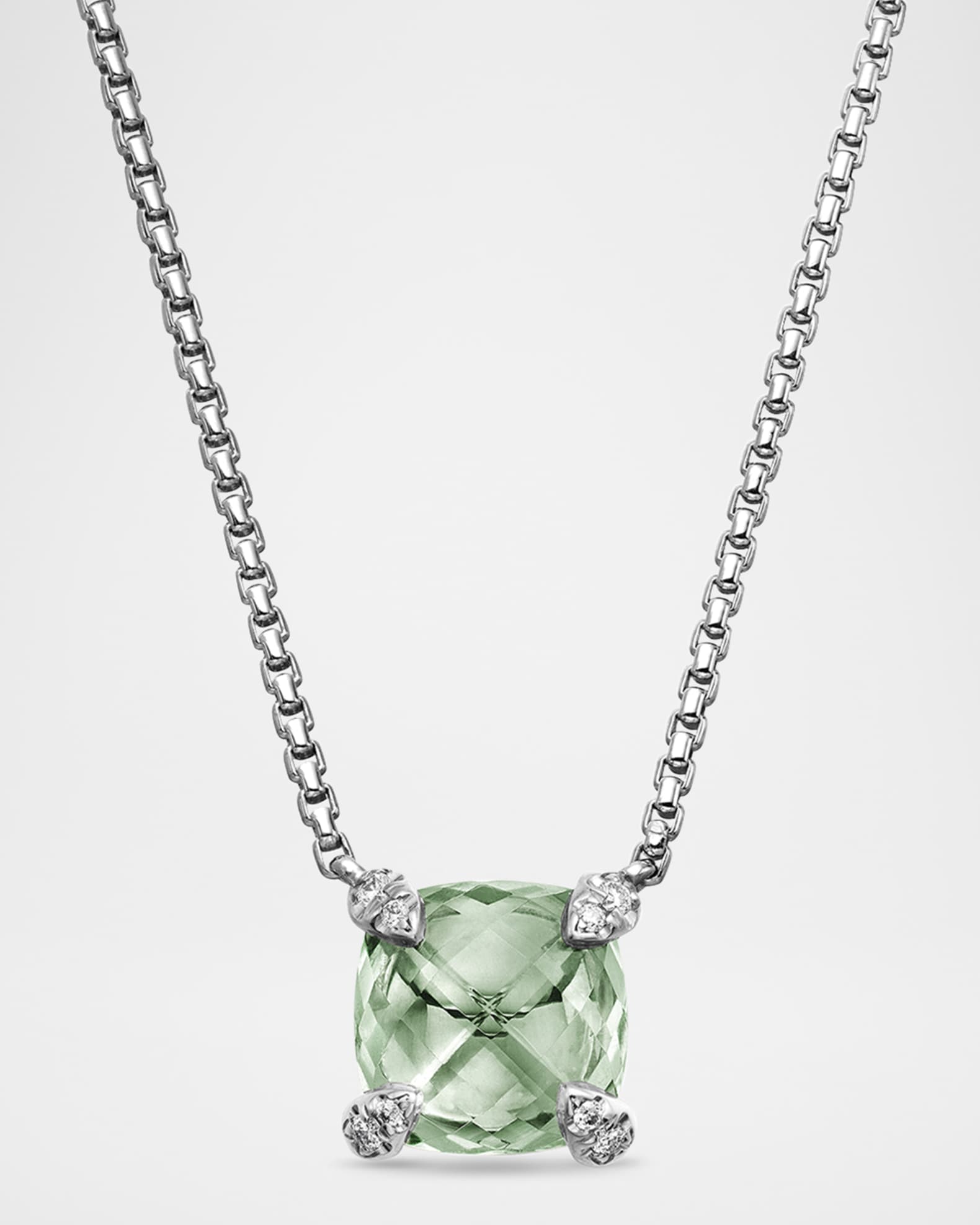 Chatelaine Cushion Pendant Necklace with Gemstone and Diamonds in Silver, 8mm, 16-18"L 0