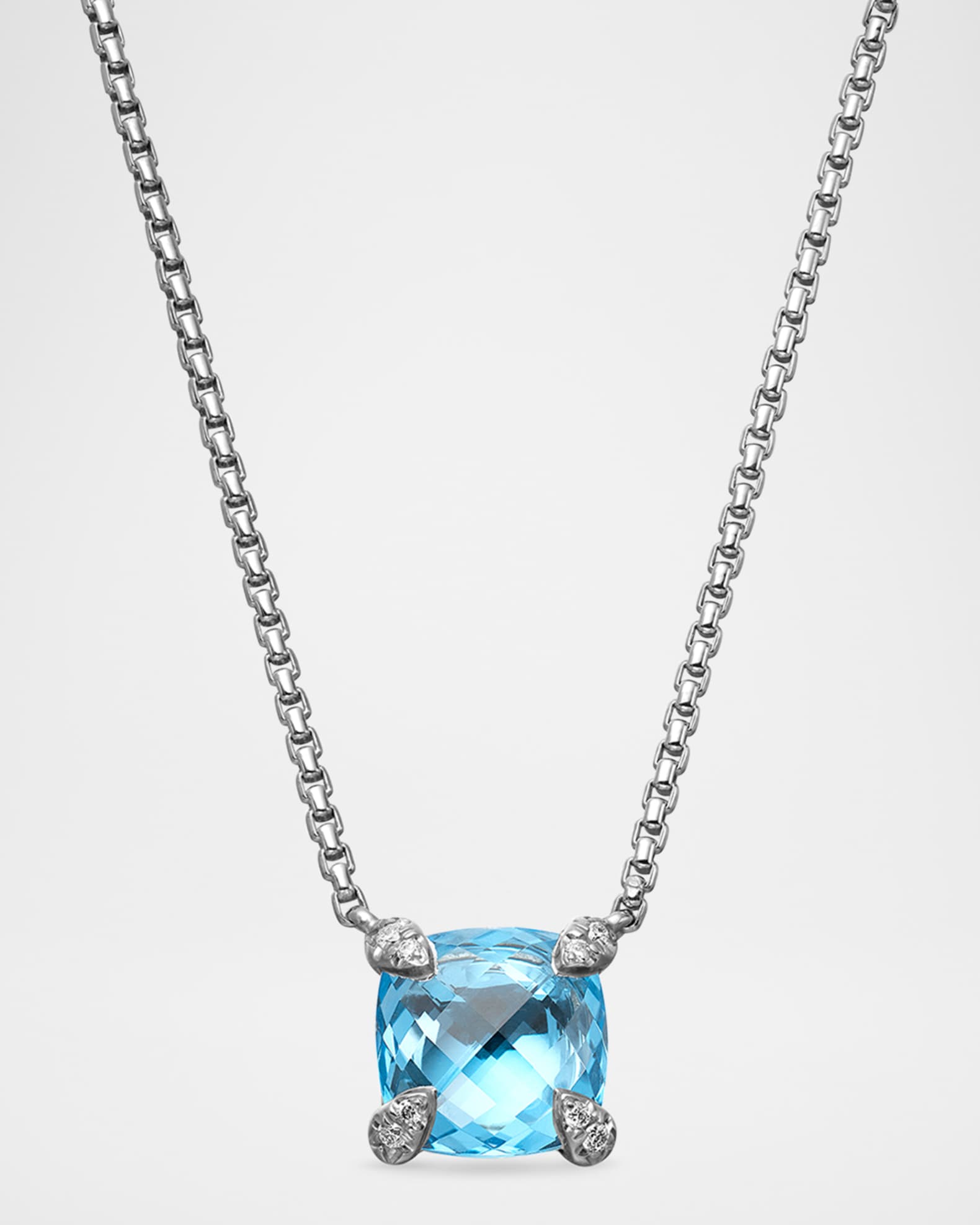 Chatelaine Cushion Pendant Necklace with Gemstone and Diamonds in Silver, 8mm, 16-18"L 0