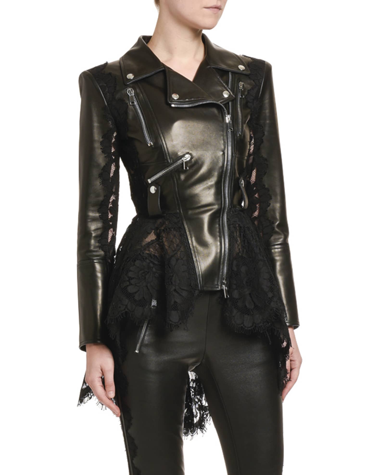 High-Low Lace Peplum Leather Moto Jacket and Matching Items | Neiman Marcus