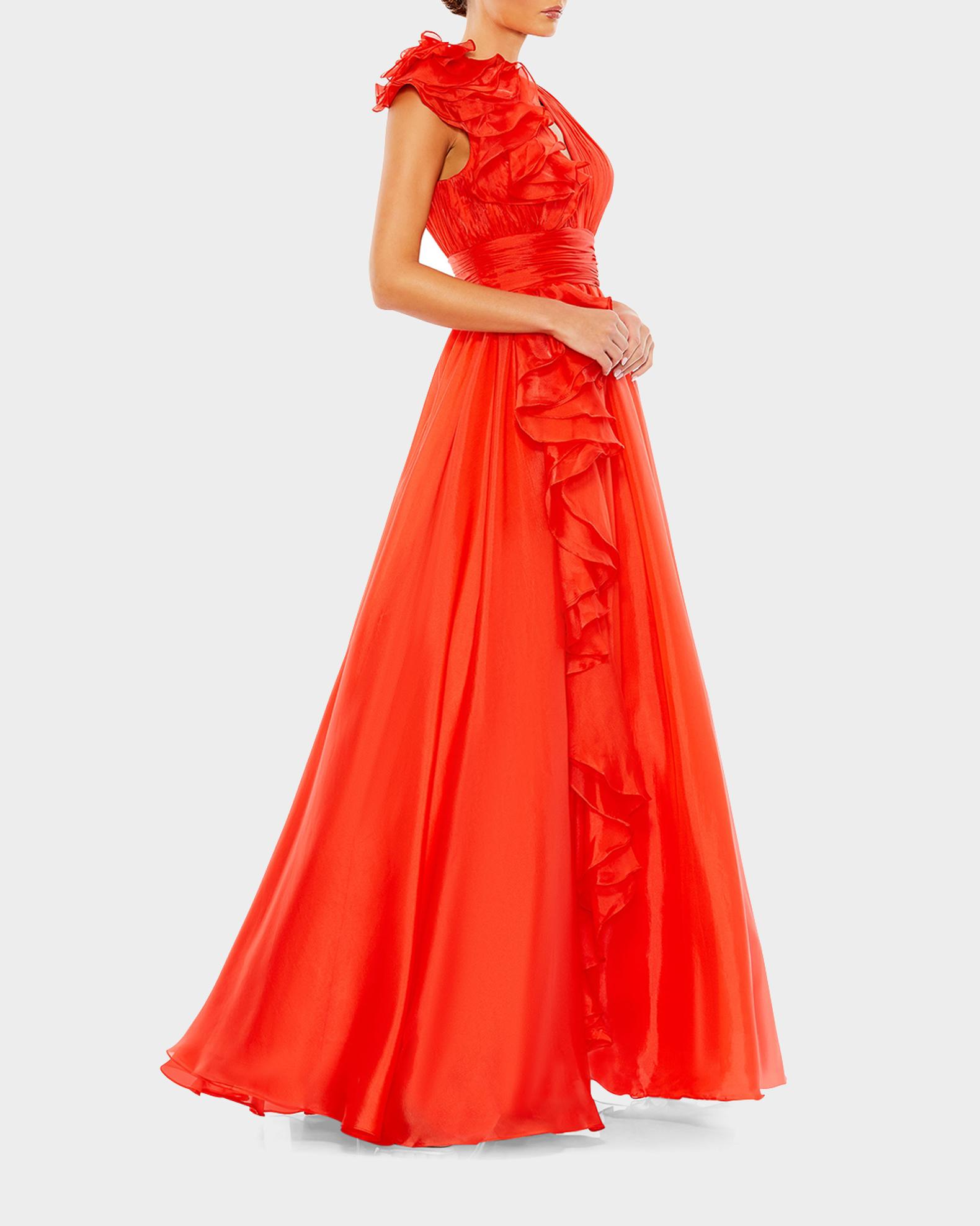 Mac Duggal - Black Ruffle Shoulder V-Neck Chiffon Gown