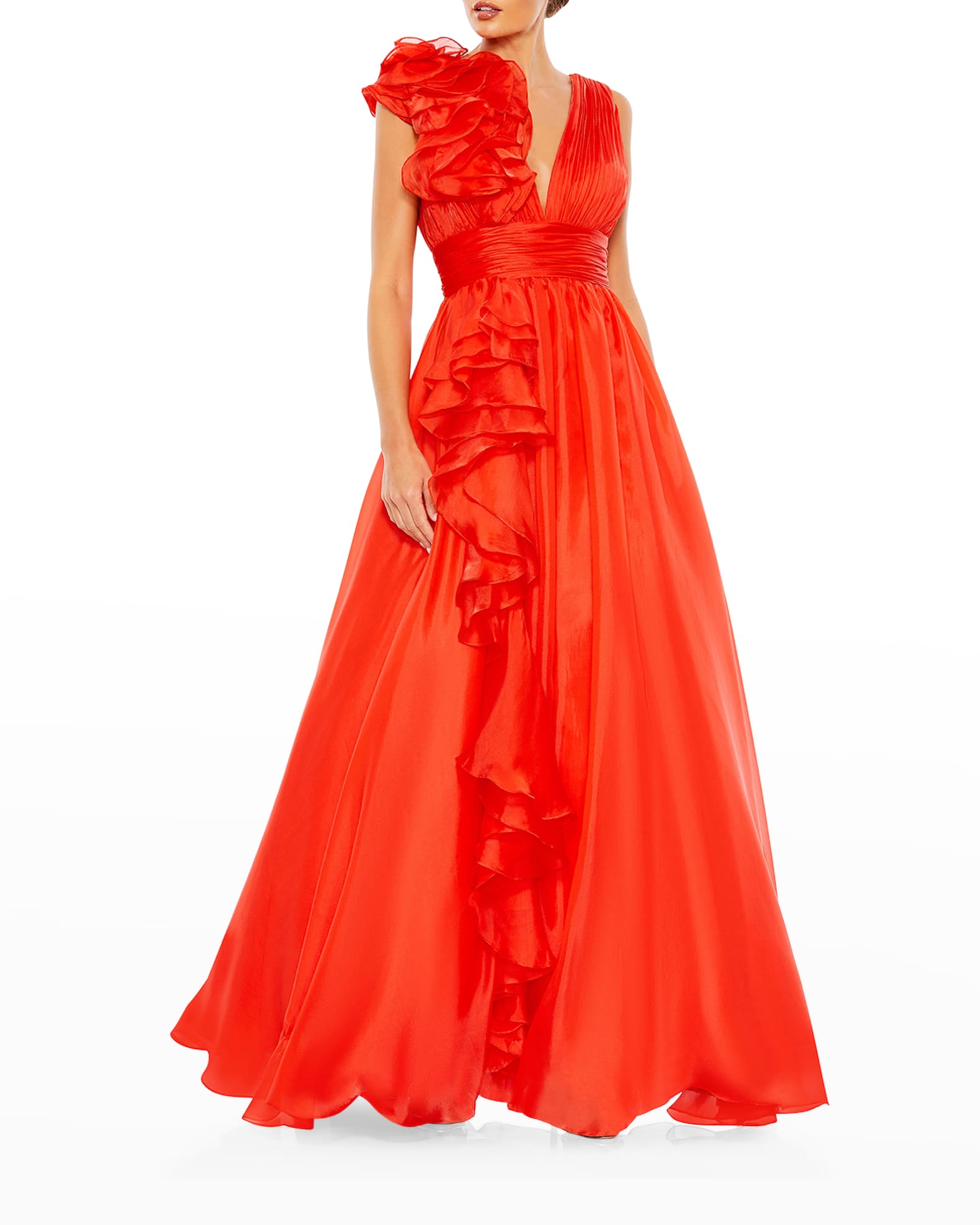 Mac Duggal Sleeveless Floral Ruffle Ruched Chiffon Ball Gown