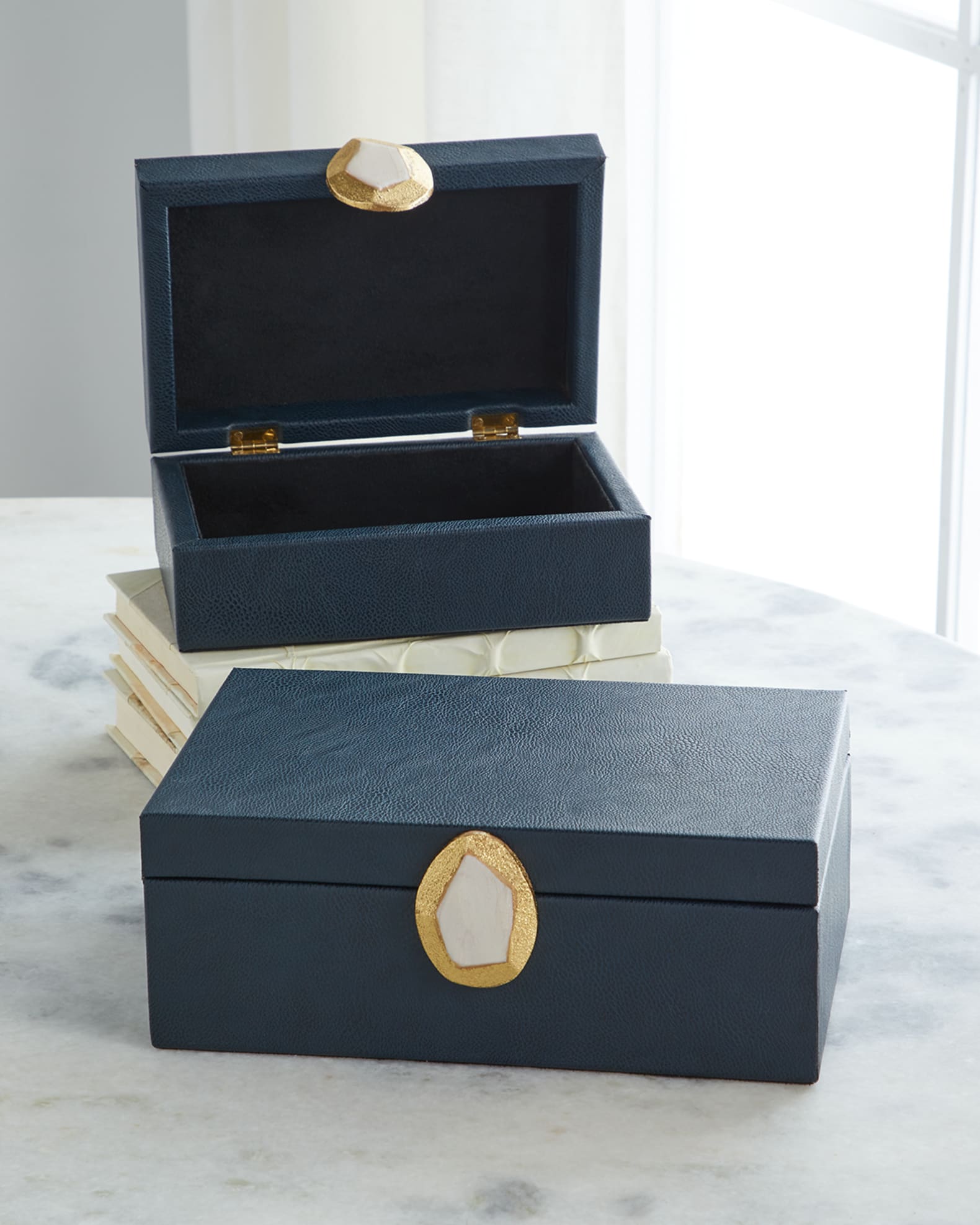 Onyx Pebble Grain Faux Leather Boxes, Set of 2 0