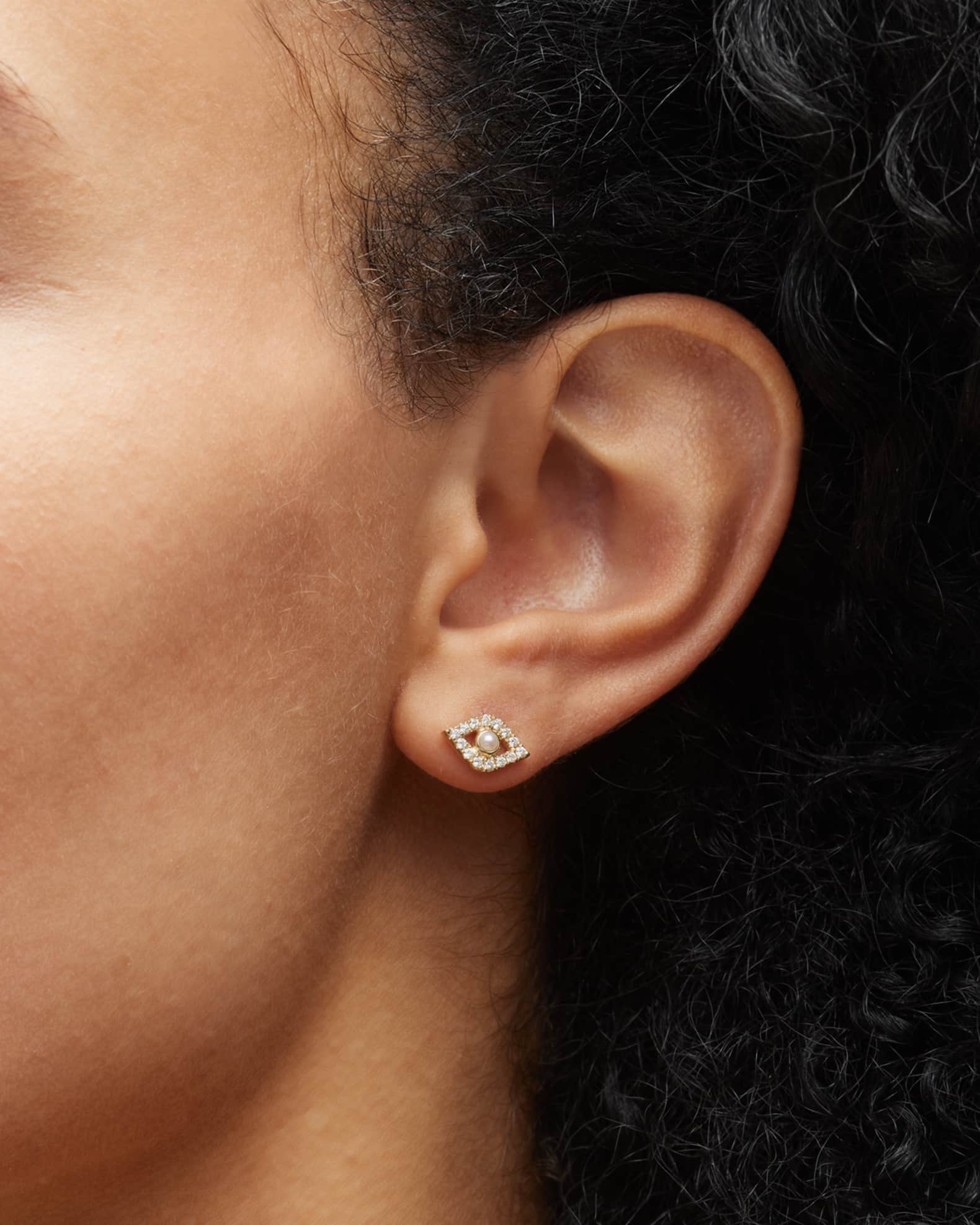 14k Pearl Stud Diamond Evil Eye Earring, Single 1