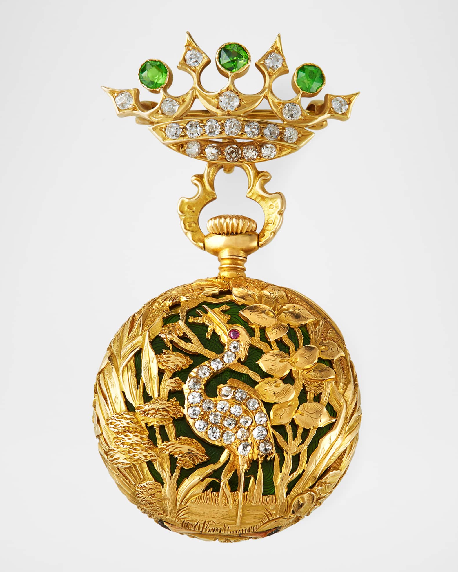 Estate 18k Green Enamel Crane Watch Pendant 1