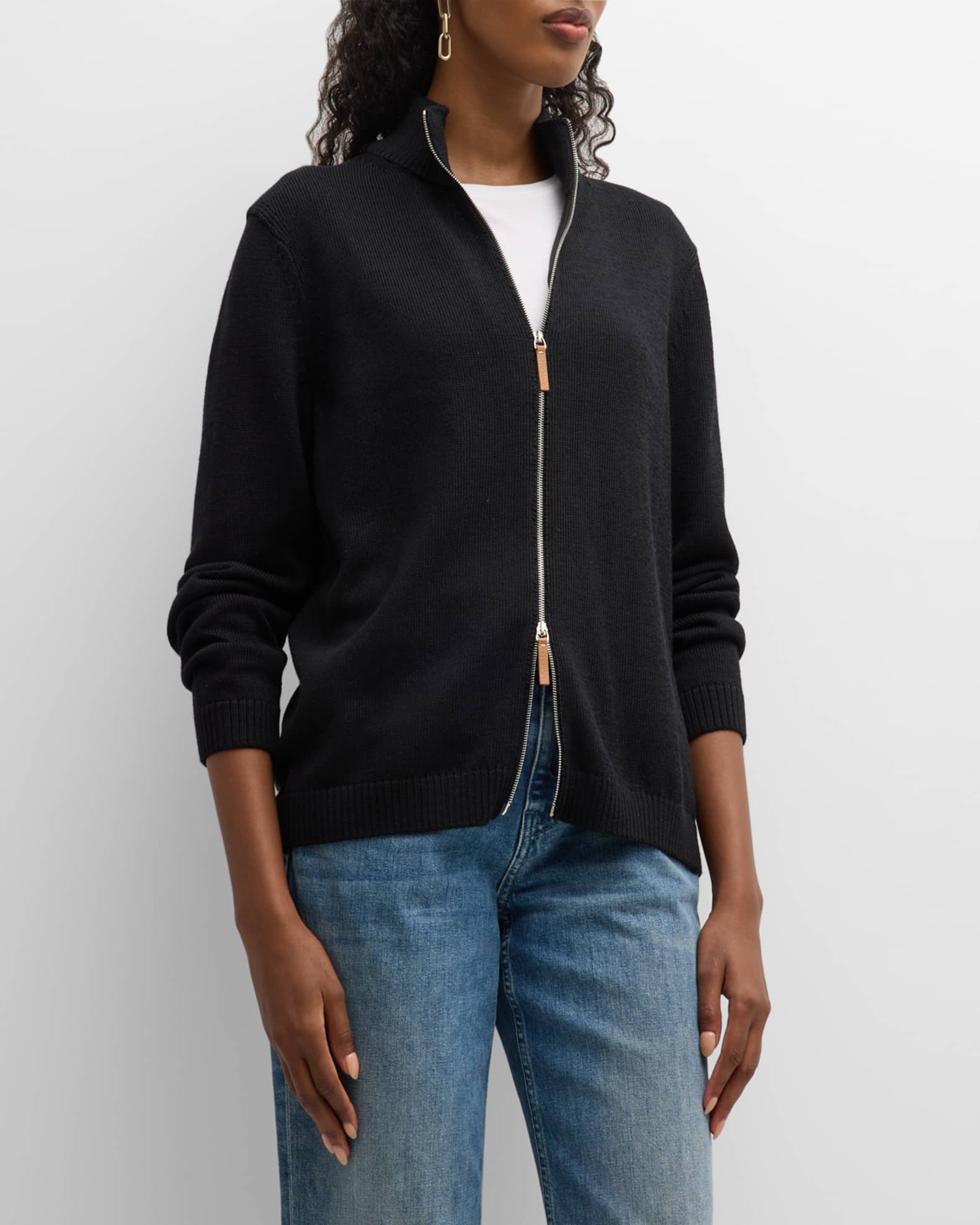 Cotton-Silk Tape Fitted Bomber Sweater