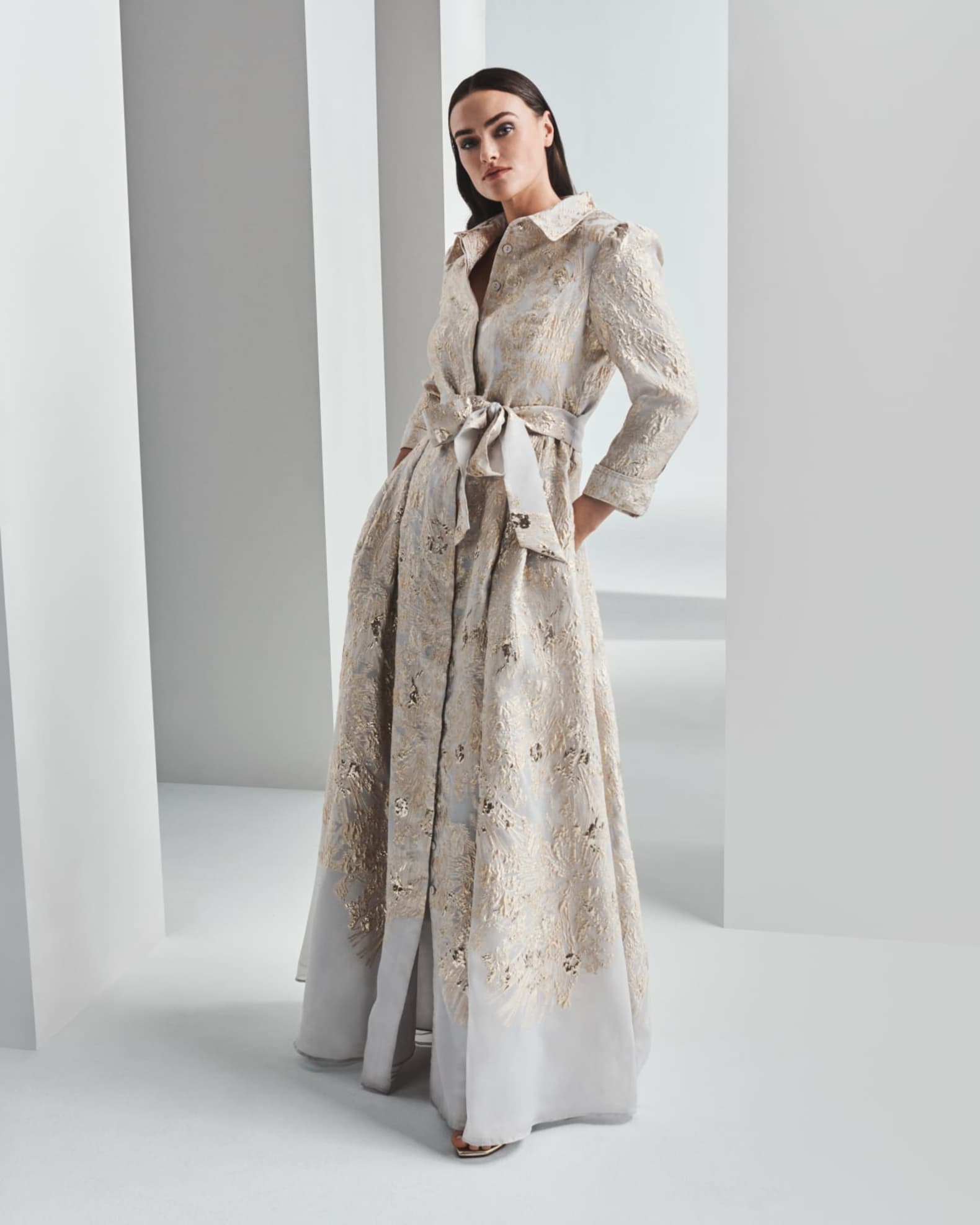 Rickie Freeman for Teri Jon Metallic Brocade Shirtdress Gown