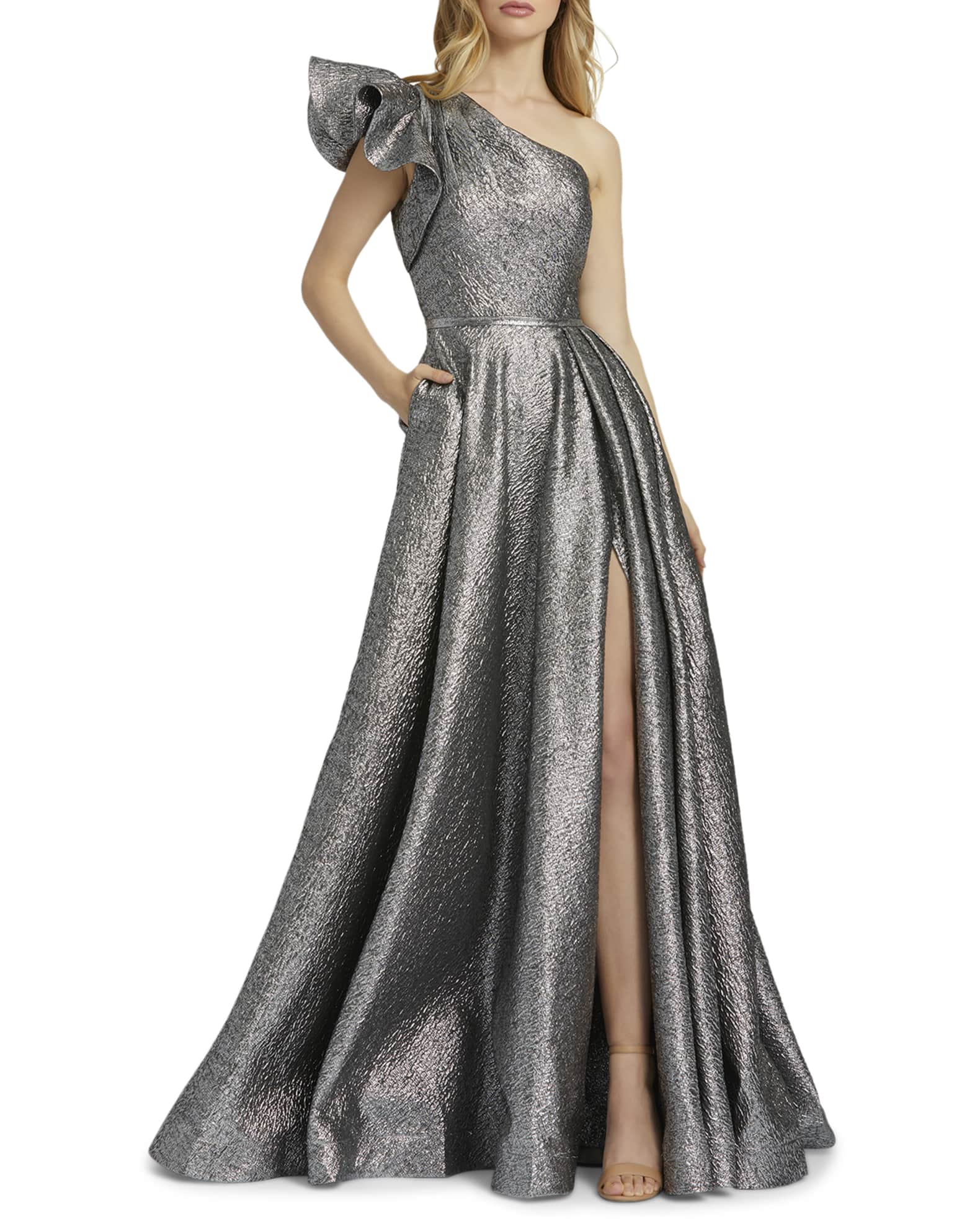 mac duggal asymmetric ruffle metallic ball gown