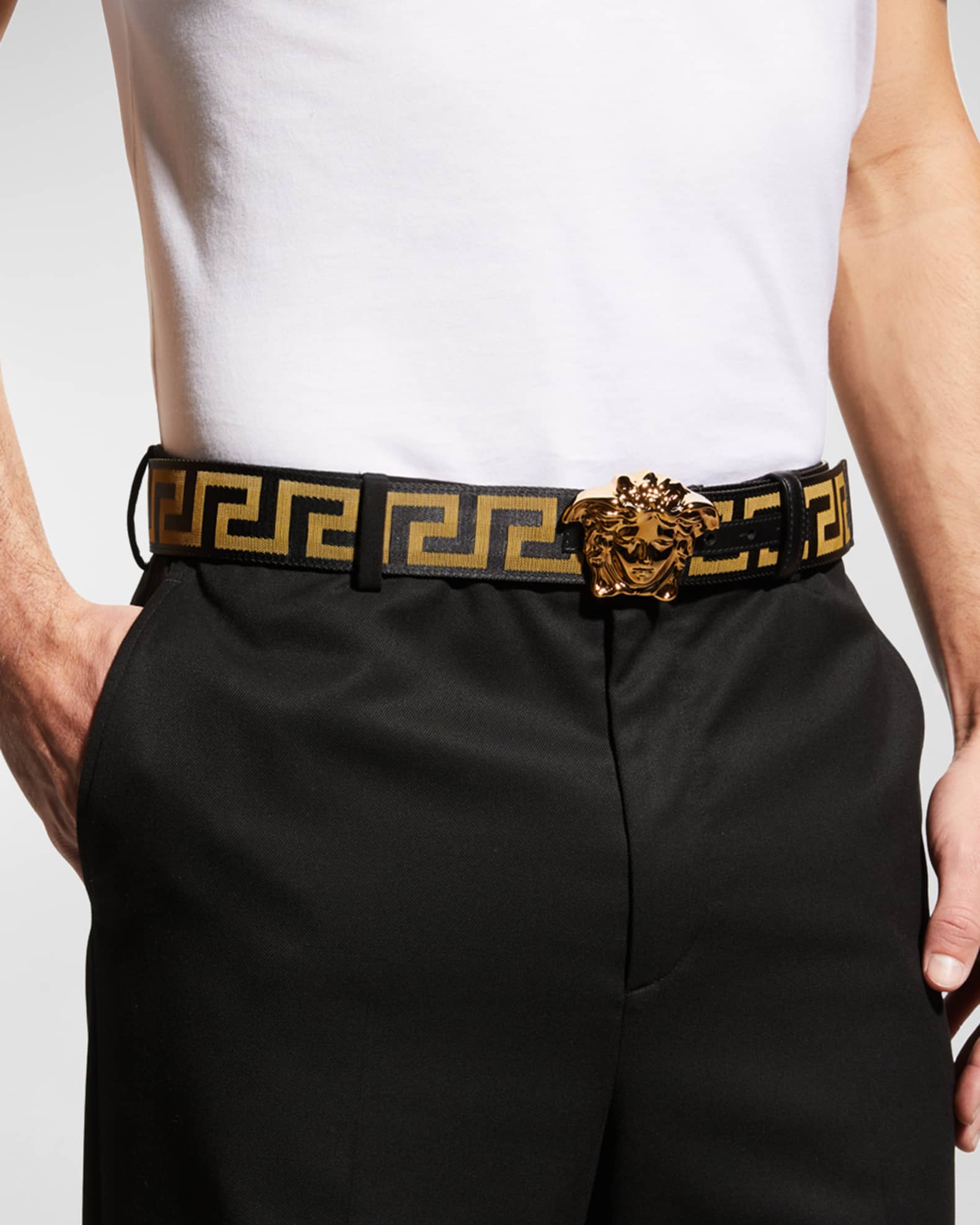 Versace Men's Tonal Medusa/Greek Key Web Belt | Neiman Marcus