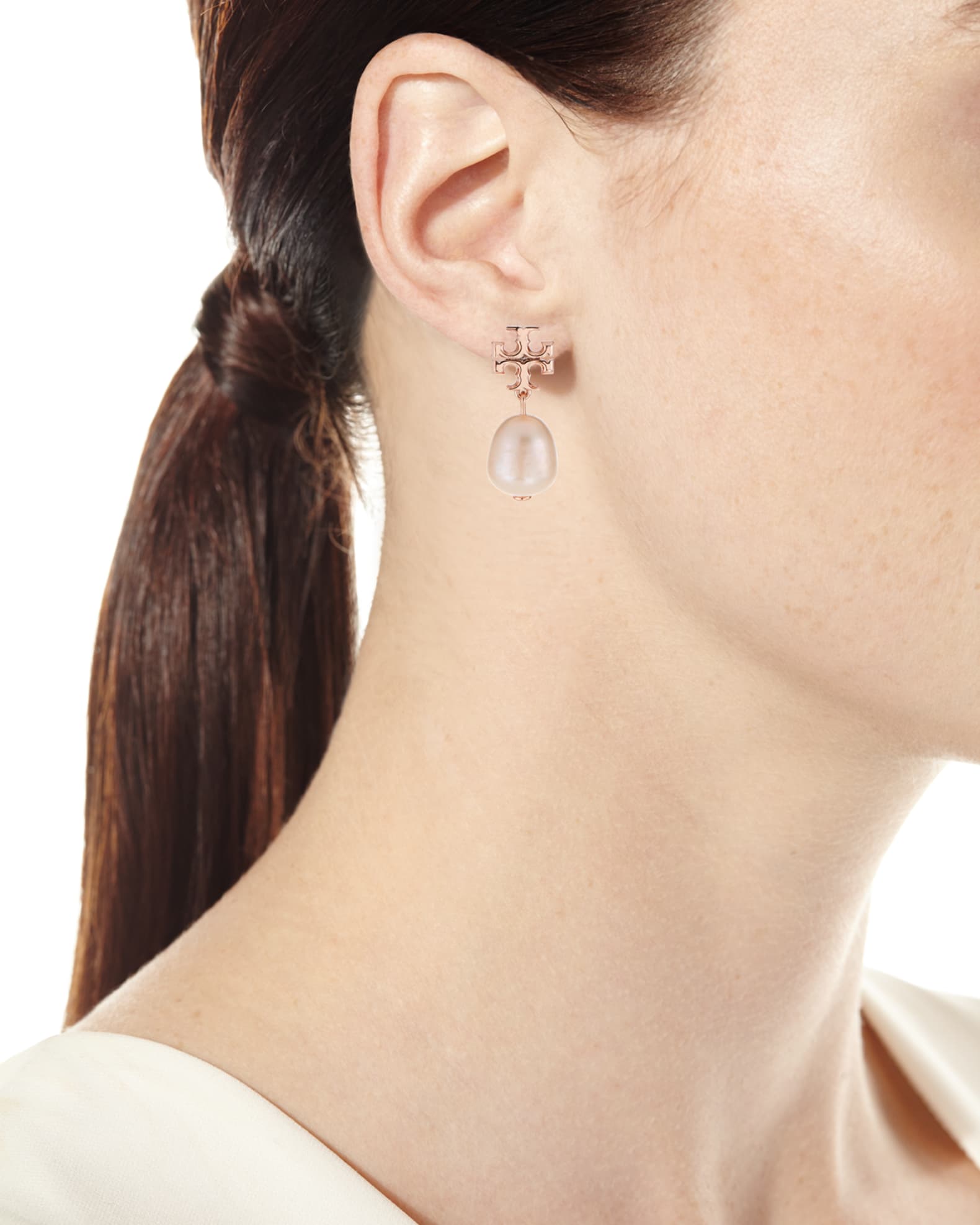 Tory Burch Kira Pearl-Drop Earrings, Rose Gold | Neiman Marcus