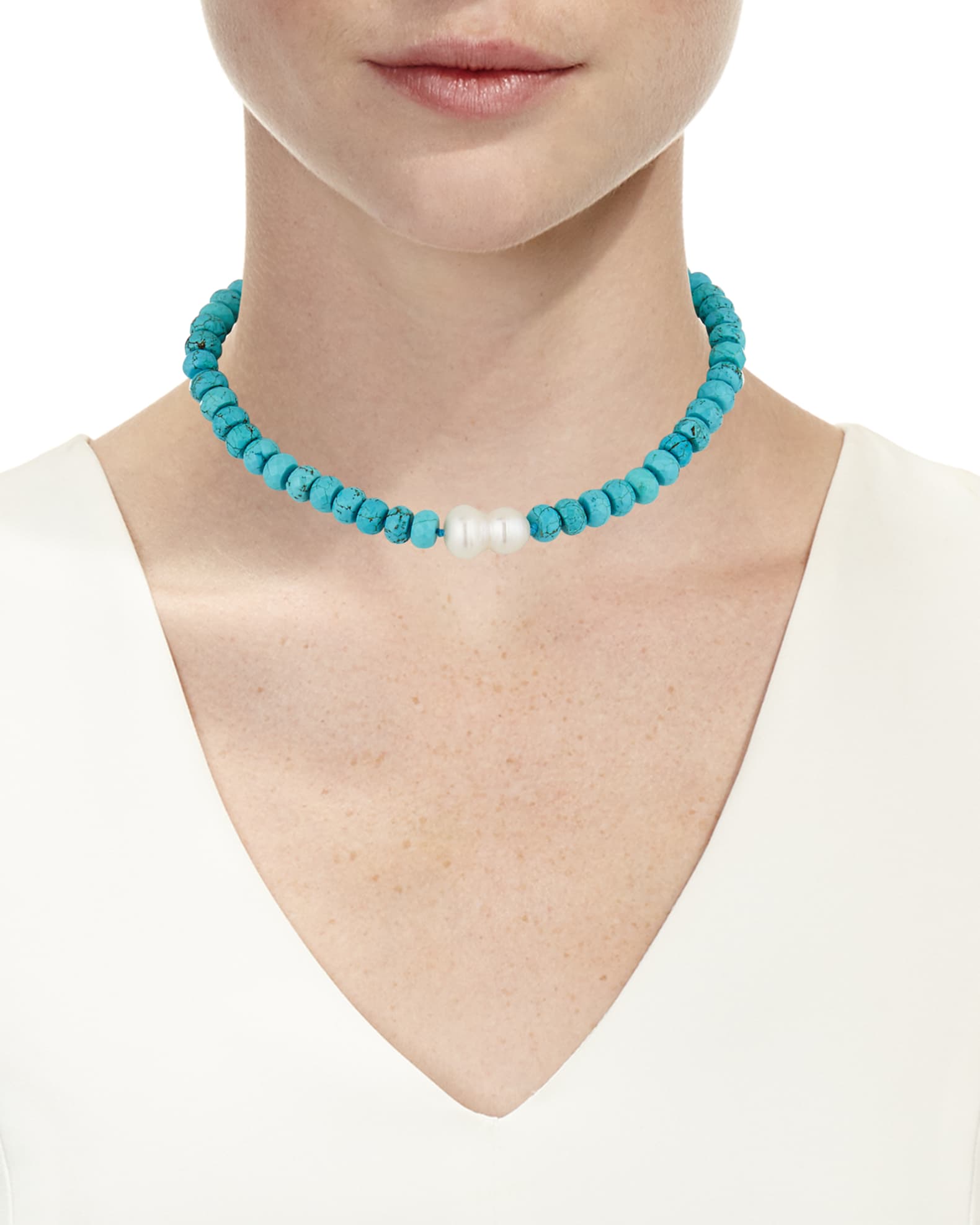 Turquoise Bead and Single Baroque Pearl Short Necklace 1