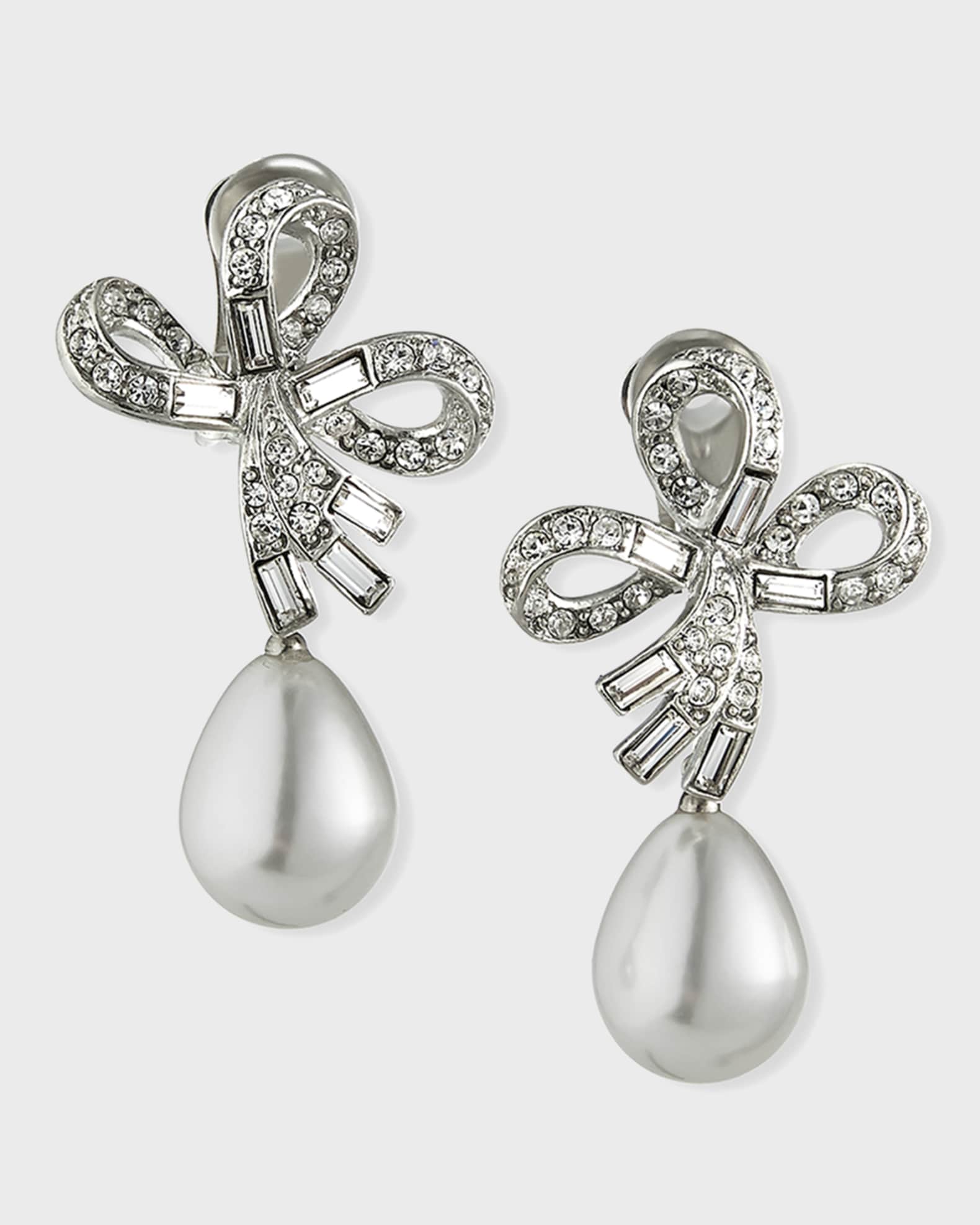 Crystal-Bow Pearly Clip Earrings 0