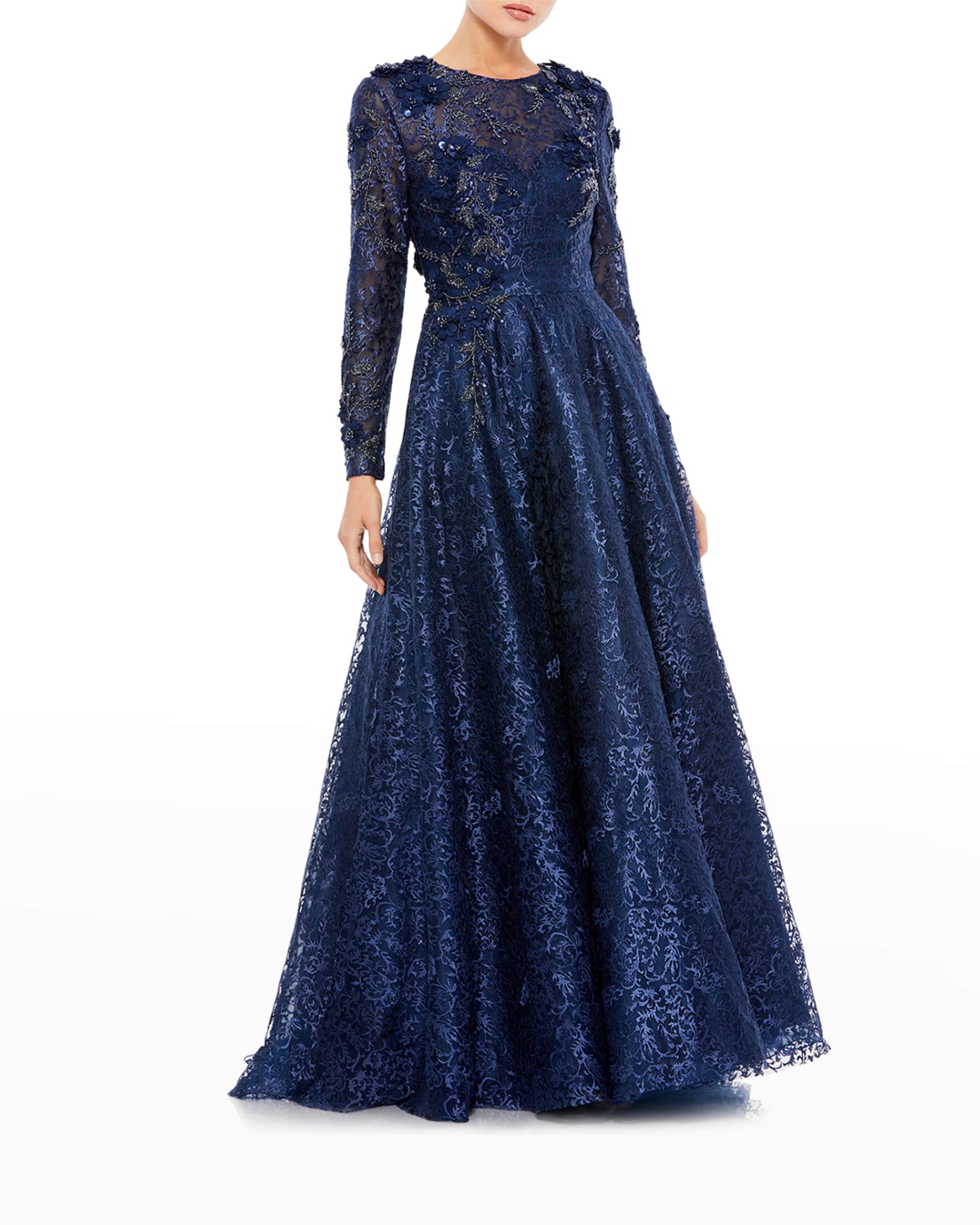 Mac Duggal Embellished Long-Sleeve Floral Lace A-Line Gown | Neiman Marcus