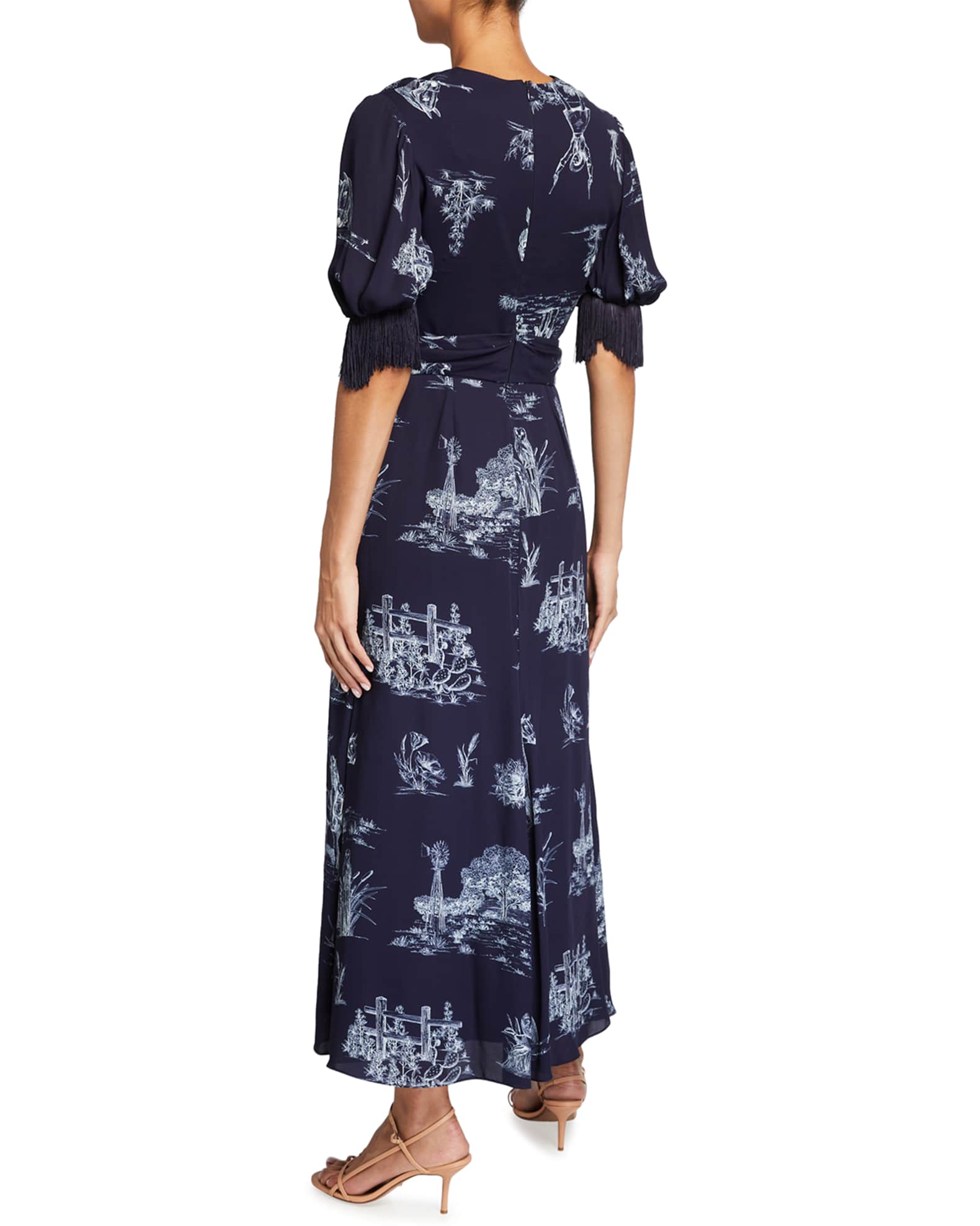 Lela Rose Reyrosa Toile Blouson-Sleeve Fringe Midi Dress | Neiman Marcus