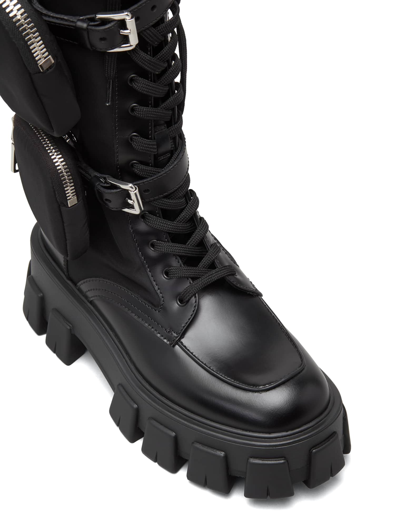 Prada Leather Zip Pocket Tall Combat Boots | Neiman Marcus