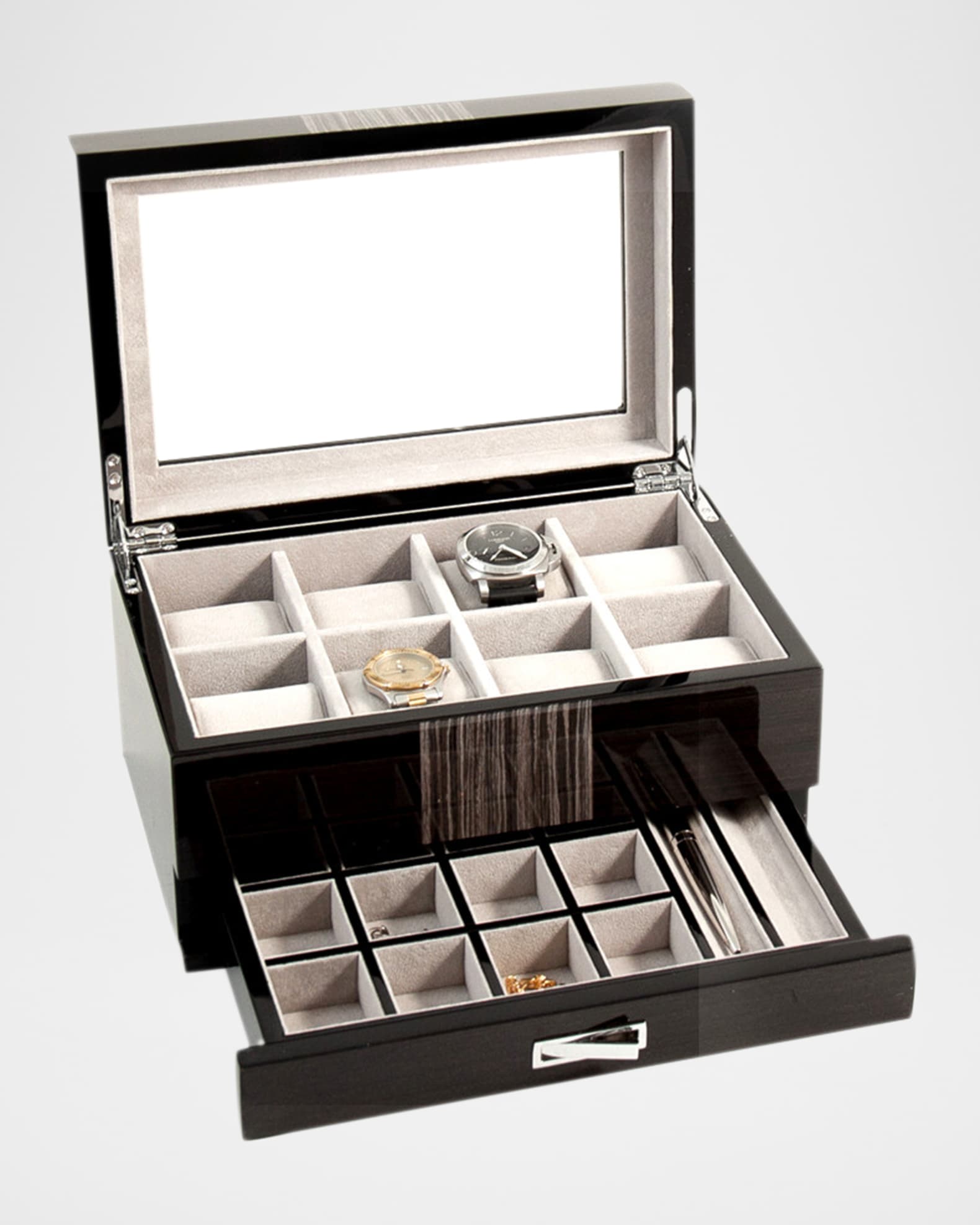 Men's Lacquered Wenge Wood 8-Watch Storage Box w/ Drawer 0