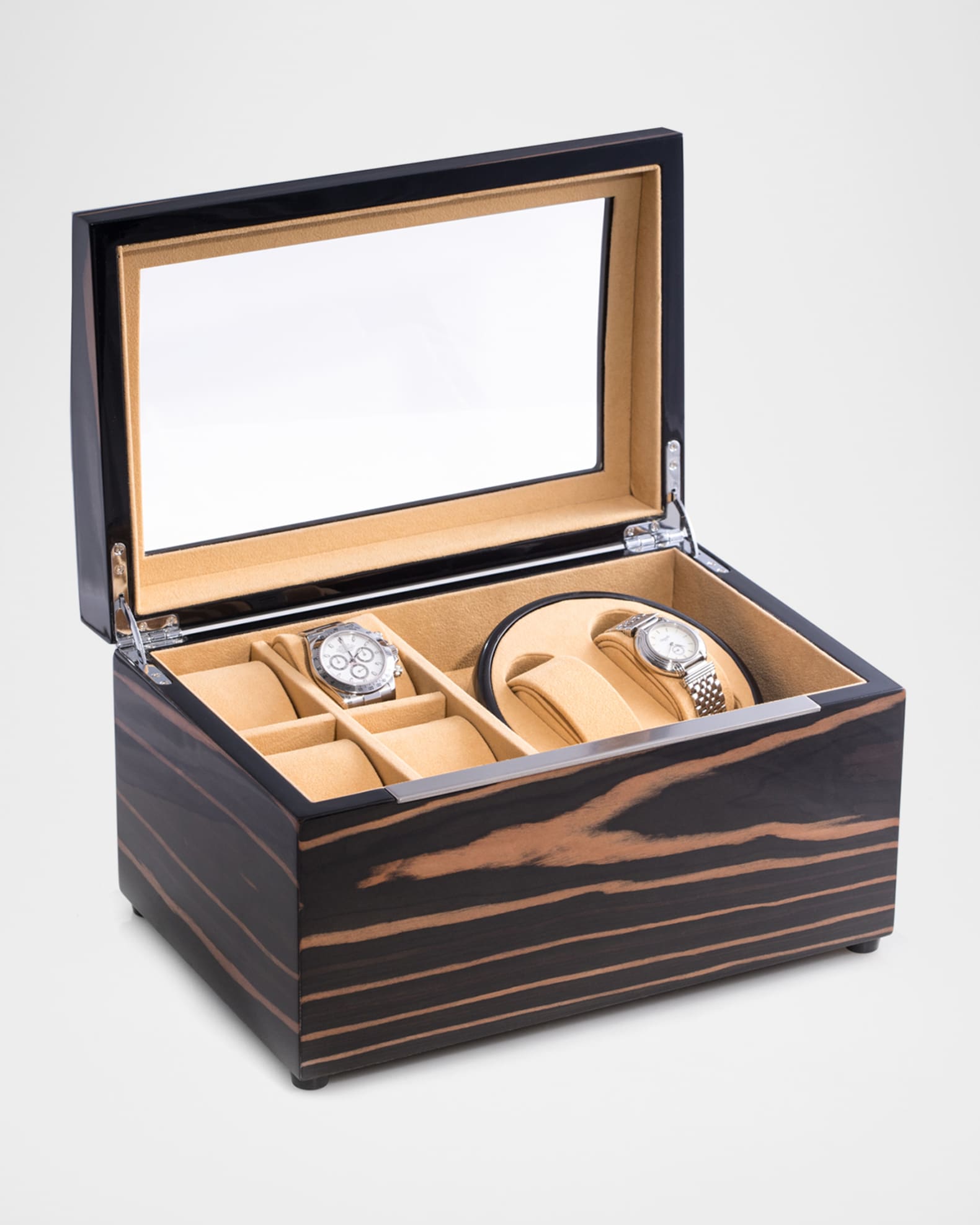 Men's 4-Watch Lacquered Ebony Burl Wood Storage Case 0