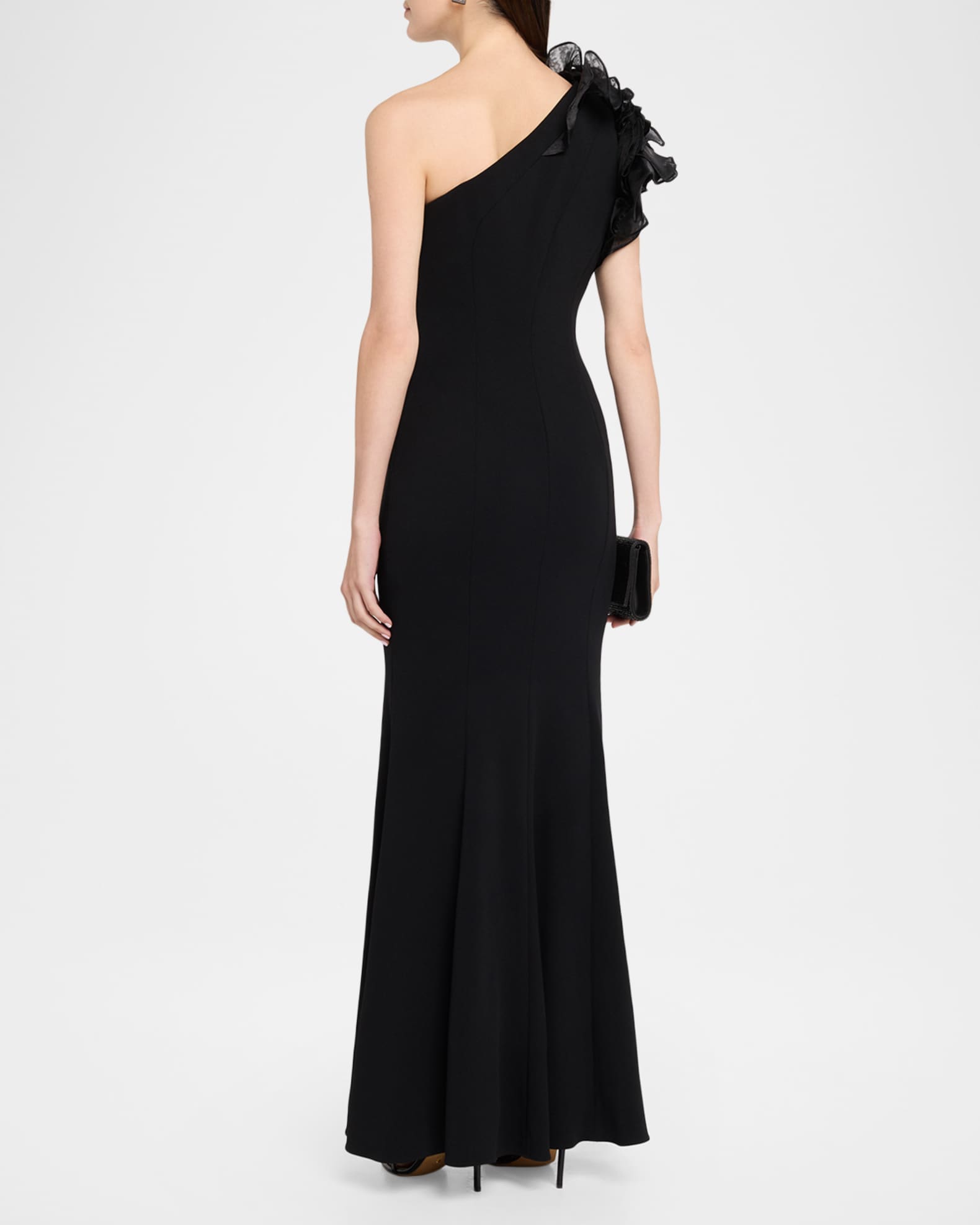AIDAN MATTOX 黒ワンショルマーメイドロングドレス Aidan Mattox One-Shoulder Ruffle Column Gown | Neiman Marcus