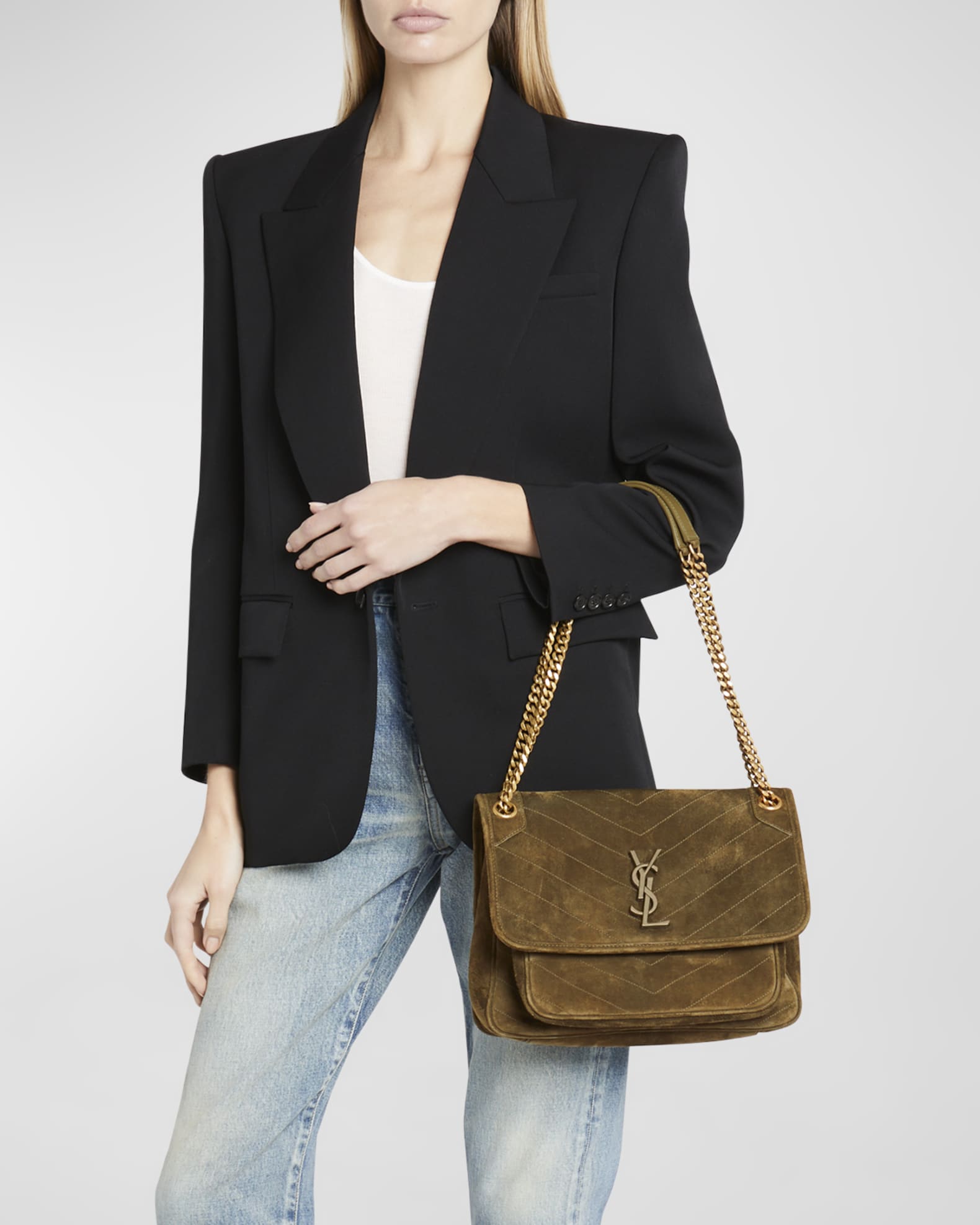 Niki Medium Flap YSL Shoulder Bag in Quilted Suede