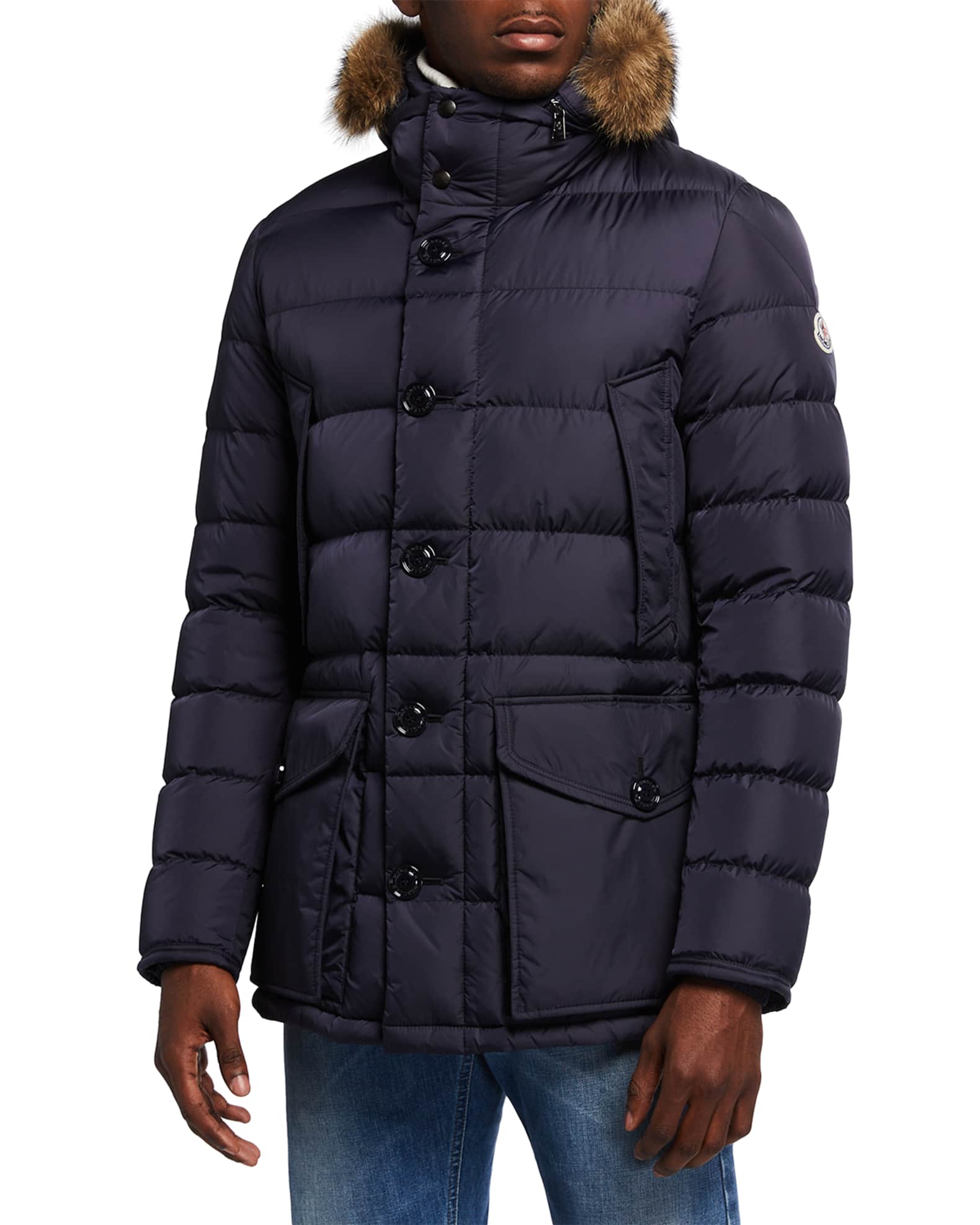 Moncler Men's Cluny Quilted Puffer Jacket w/ Fur Trim | Neiman Marcus