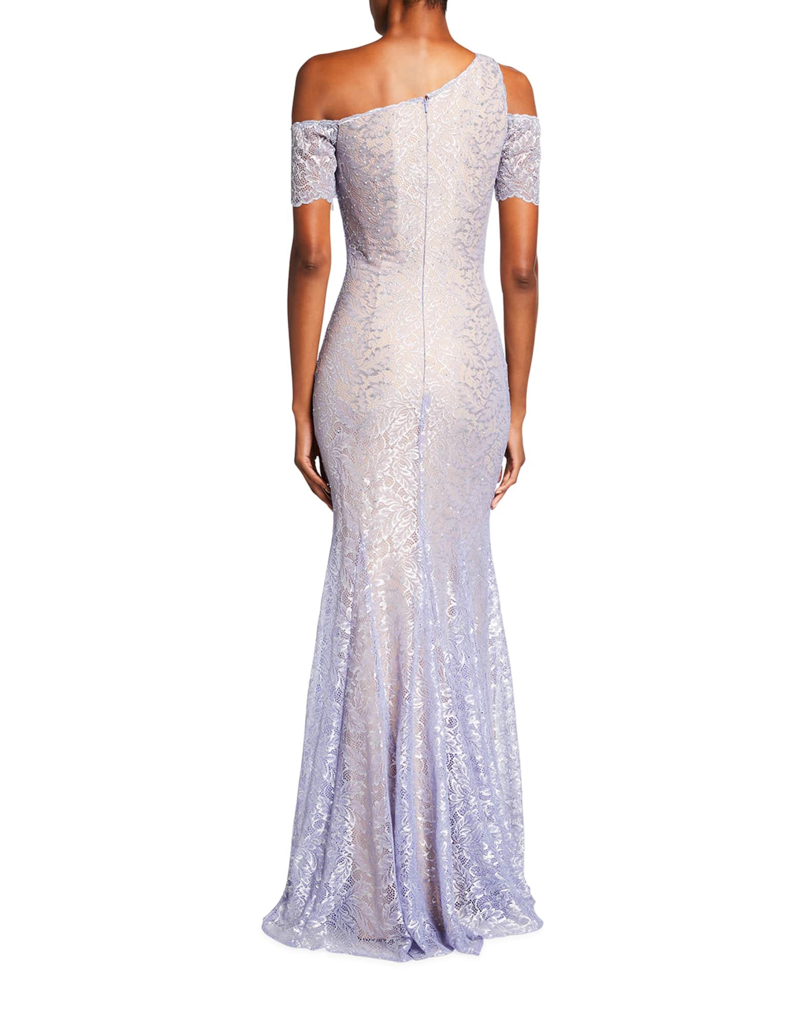 Jovani One-Shoulder Short-Sleeve Lace Gown | Neiman Marcus