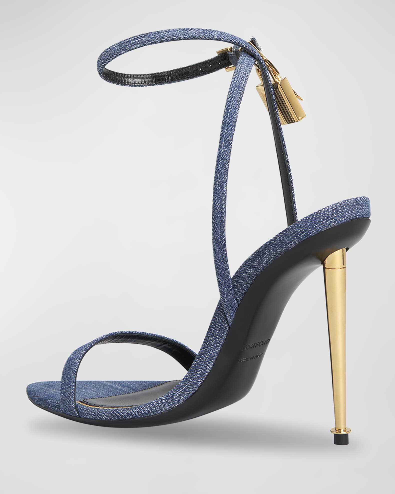 TOM FORD Denim Lock & Key Stiletto Sandals | Neiman Marcus