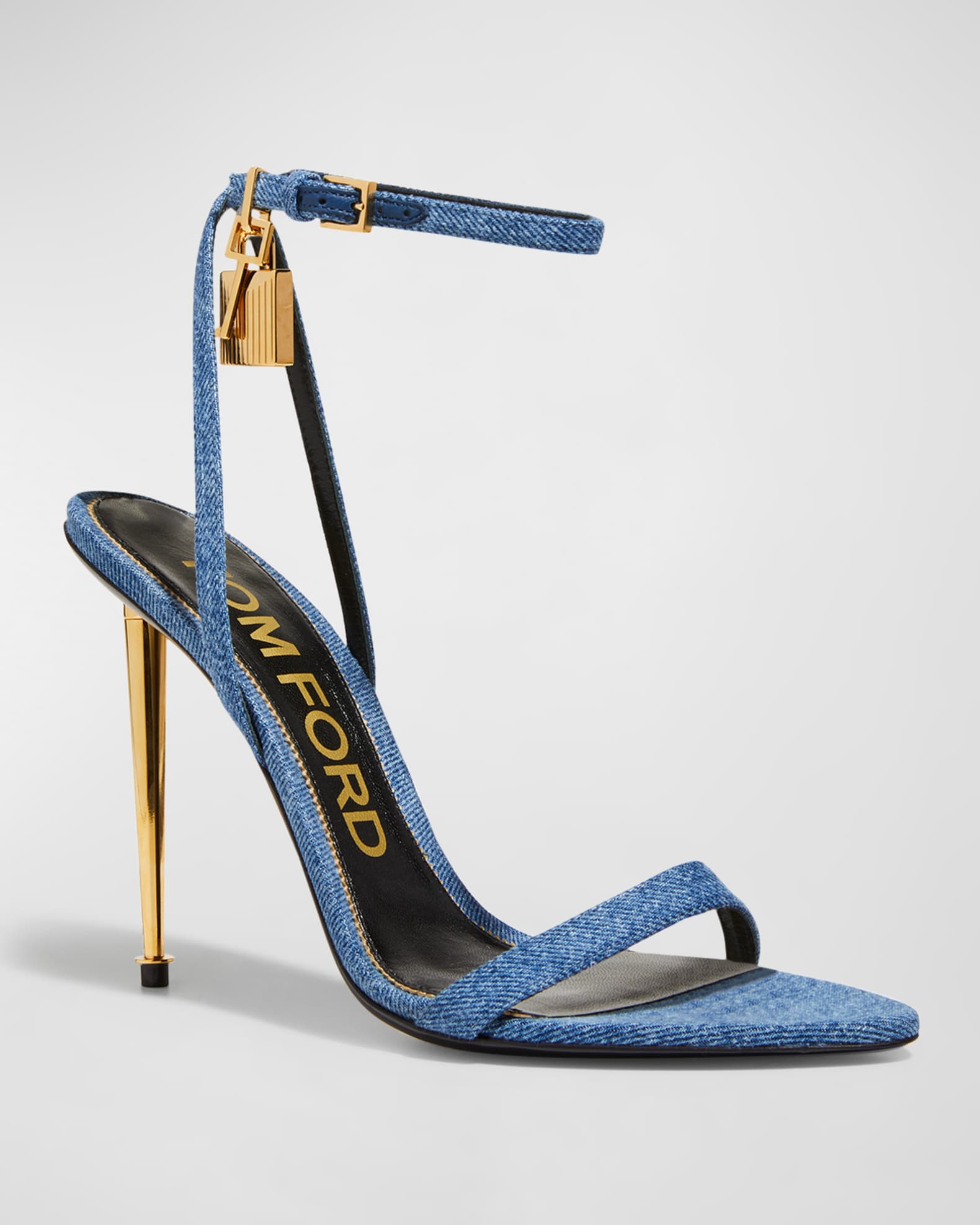 TOM FORD Denim Lock & Key Stiletto Sandals | Neiman Marcus