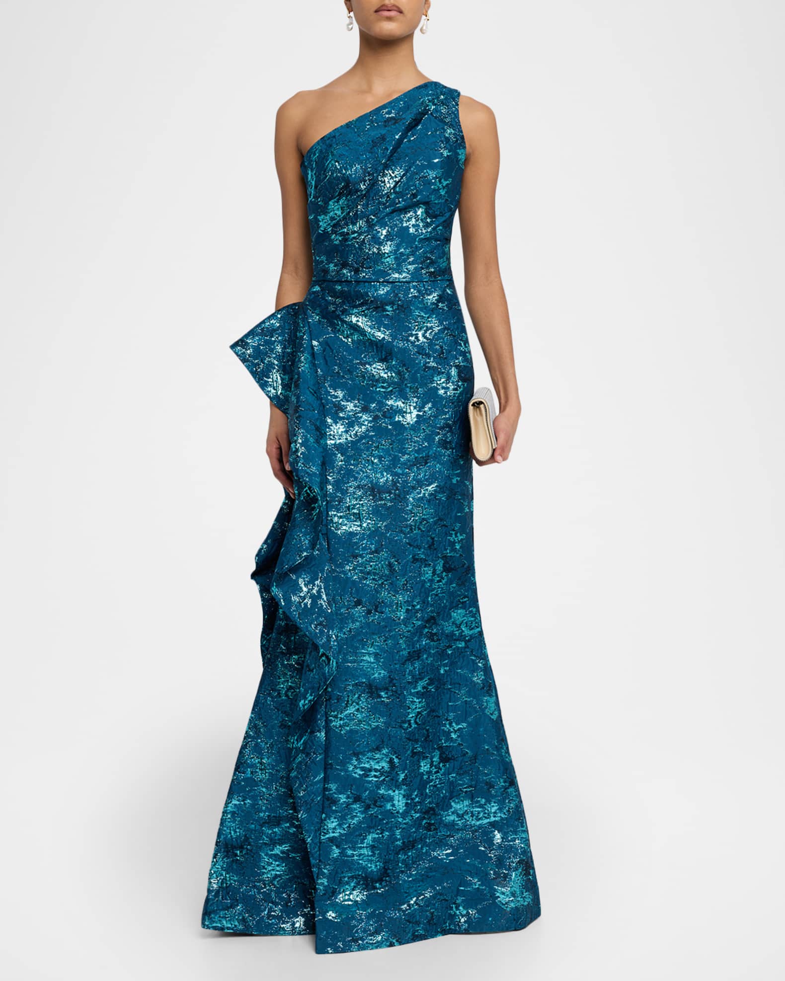 Rickie Freeman for Teri Jon Metallic Jacquard One-Shoulder Side