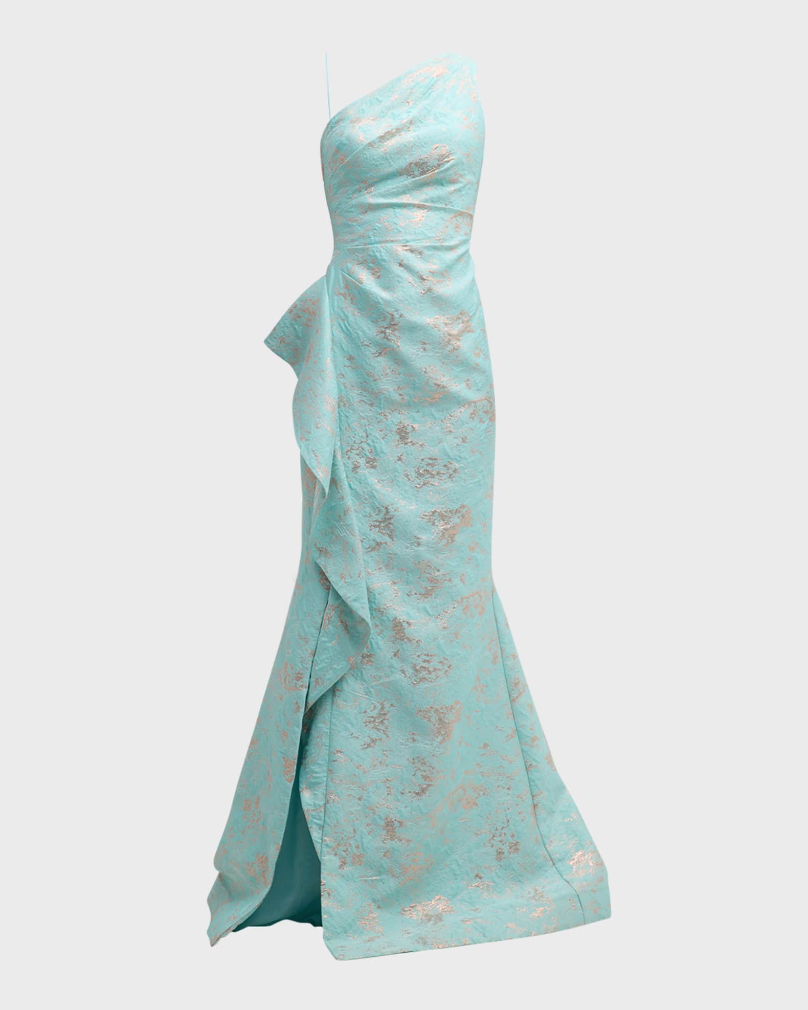 Teri jon asymmetrical gown with ruffle accent top