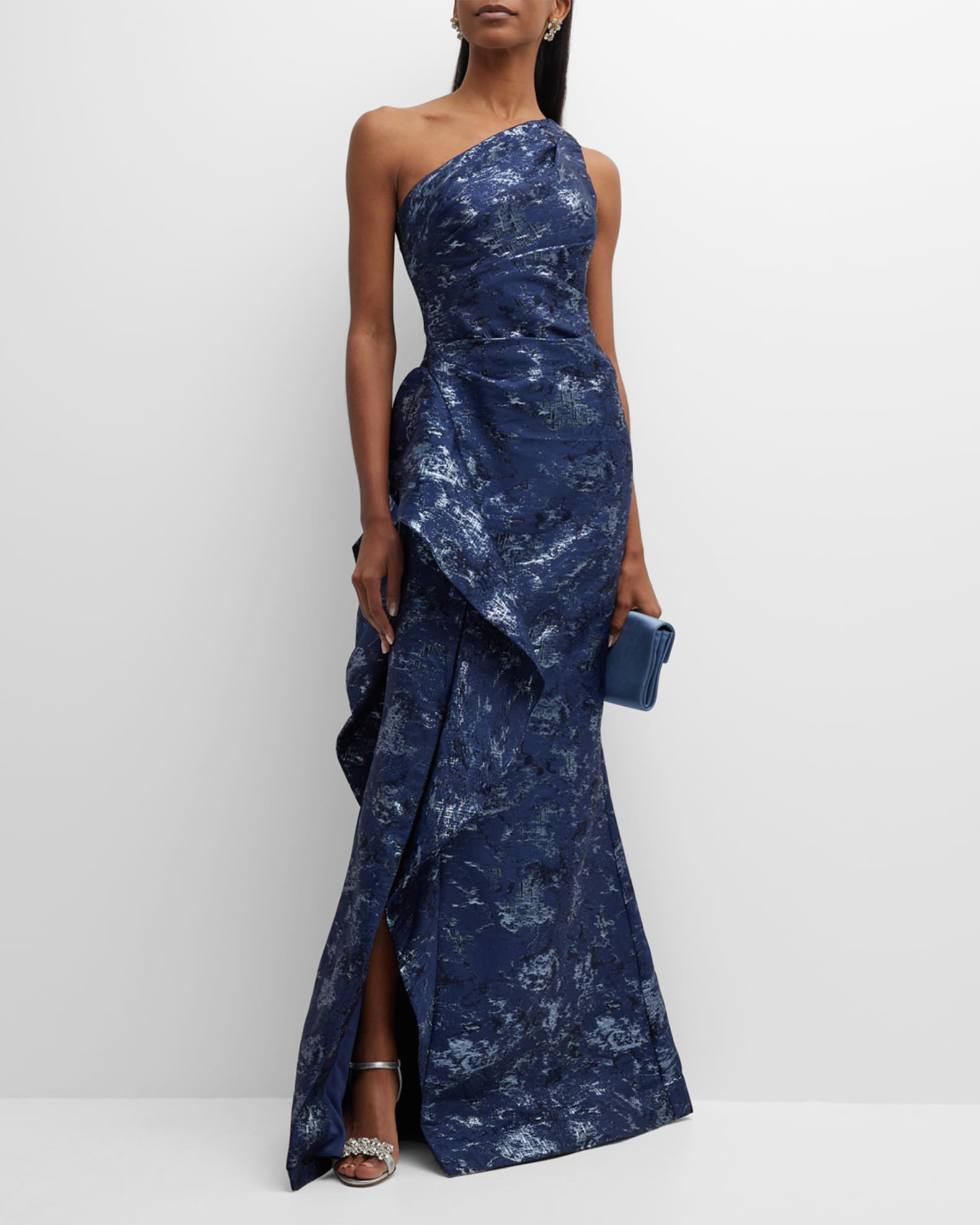Teri Jon Navy Jacquard One Shoulder Ruffle Gown Size 4