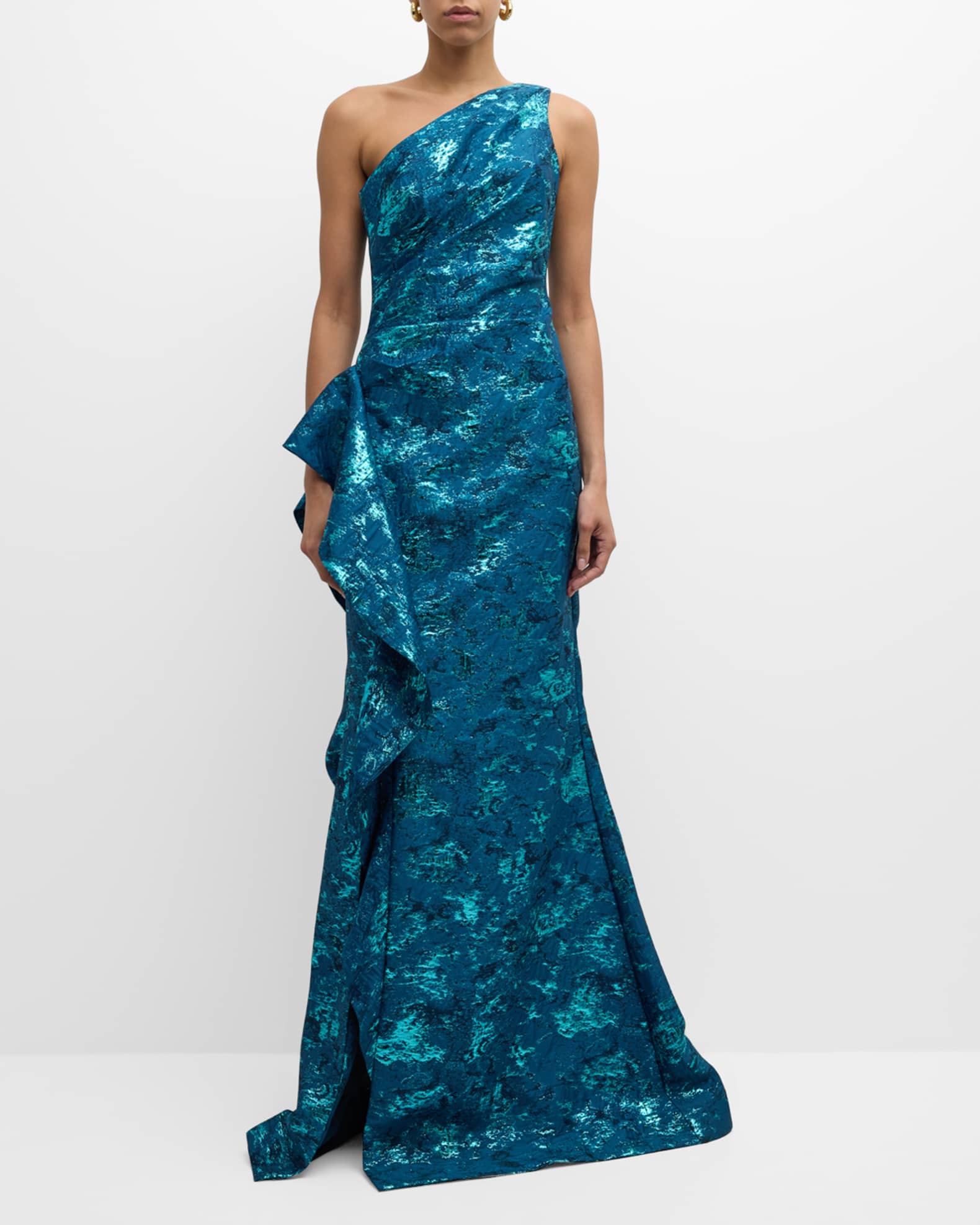 Metallic Jacquard One-Shoulder Side-Ruffle Gown 1