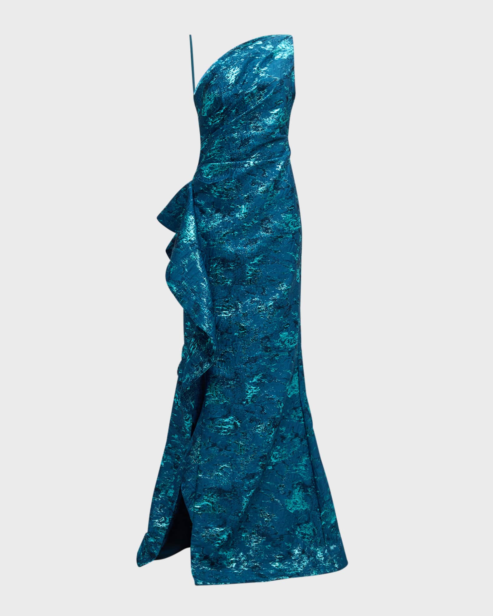 Metallic Jacquard One-Shoulder Side-Ruffle Gown 0