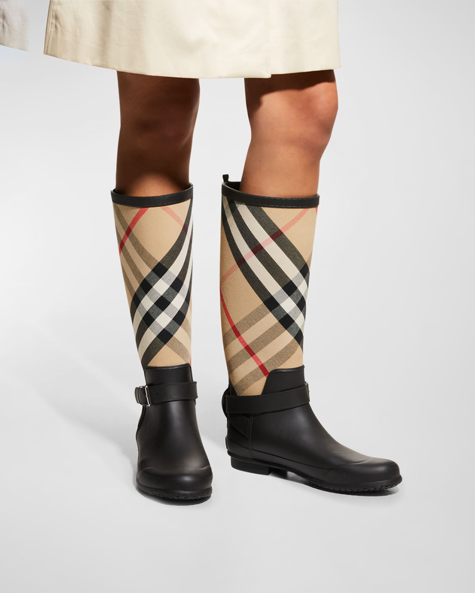 BURBERRY Checked canvas and rubber rain boots