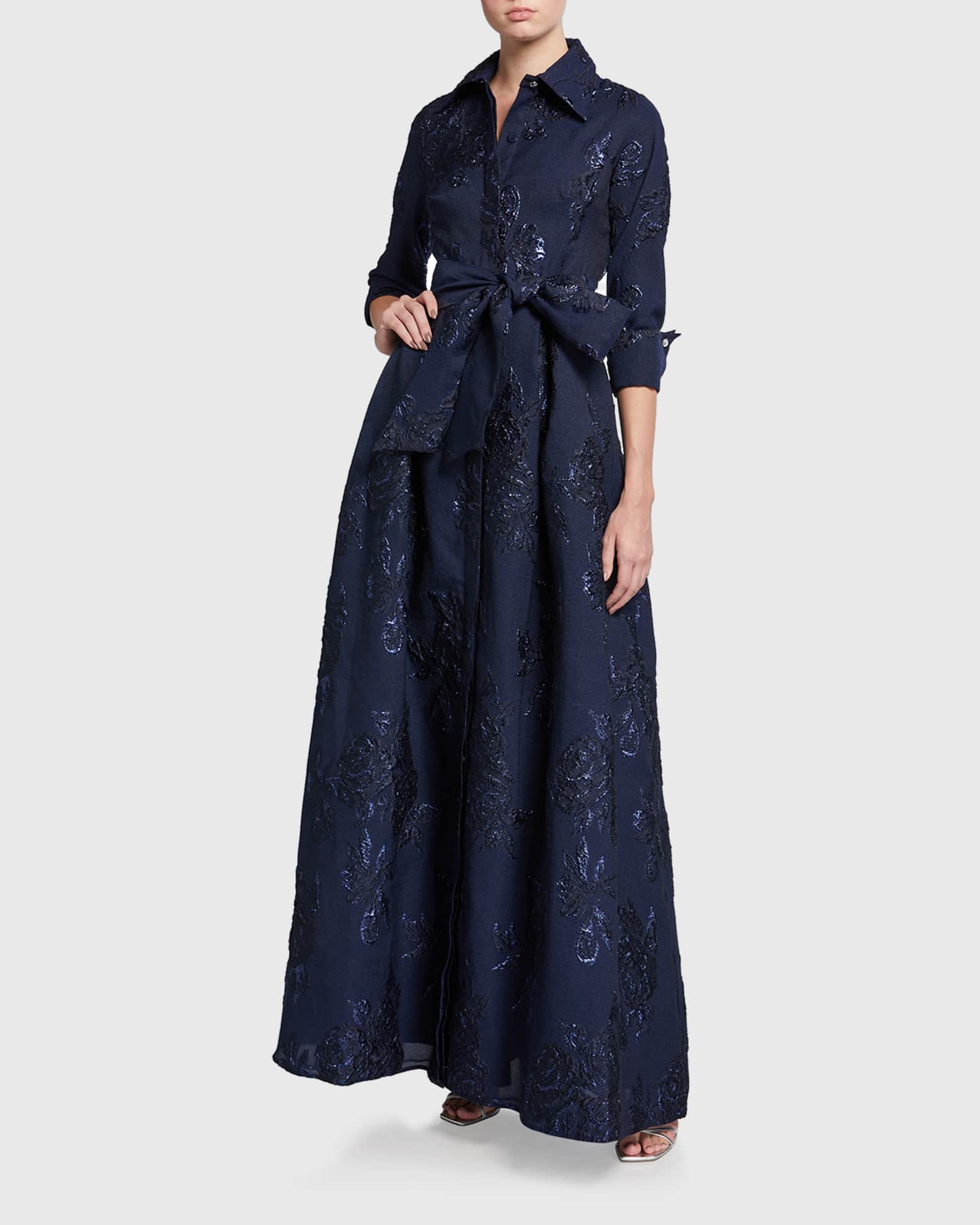 Belted Jacquard Shirtdress Gown - Thumbnail 2