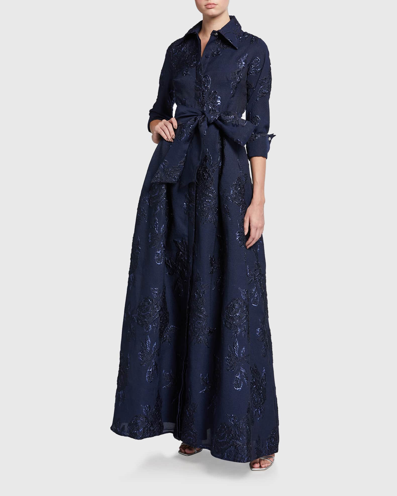 Rickie Freeman for Teri Jon Belted Jacquard Shirtdress Gown | Neiman Marcus