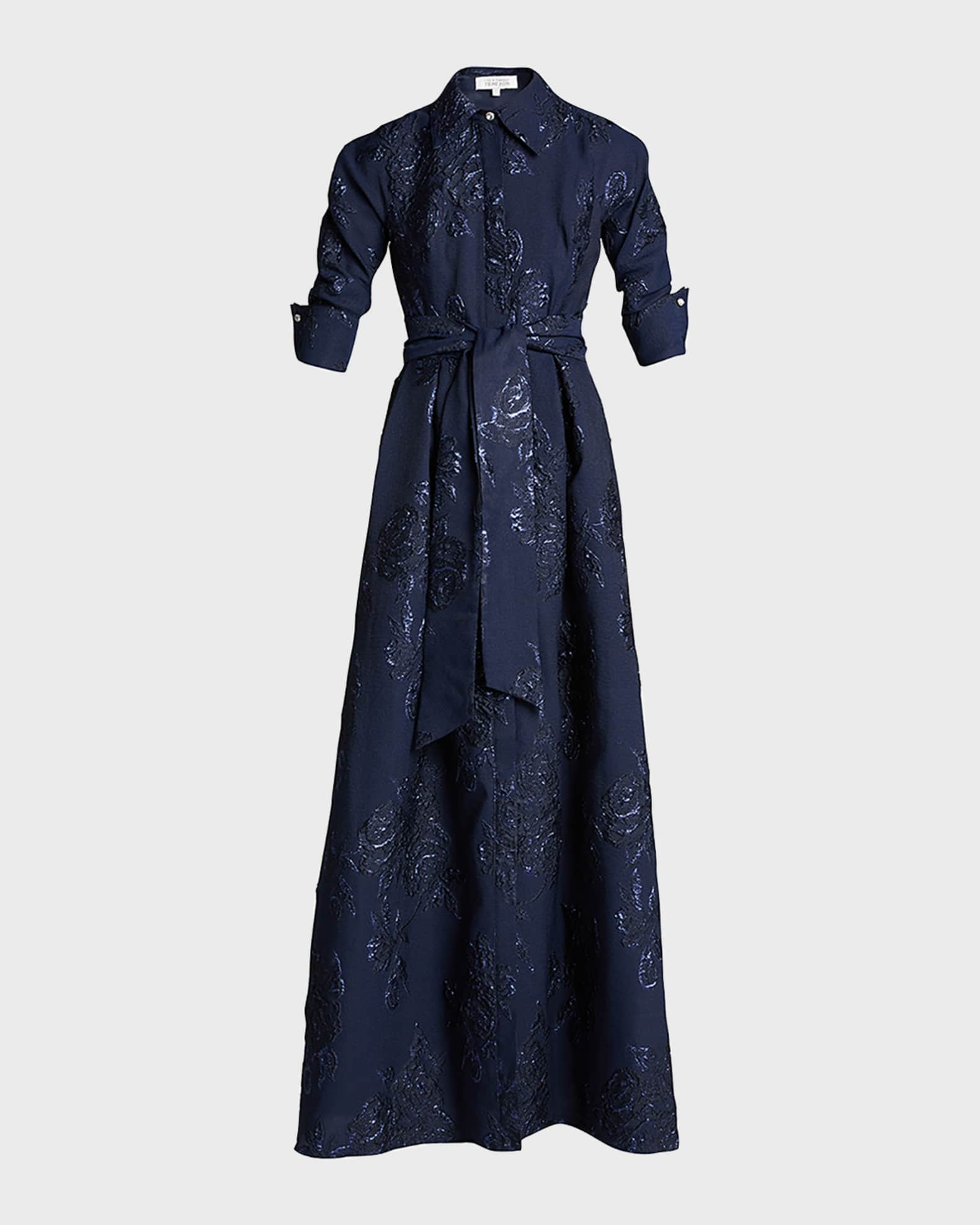 Rickie Freeman for Teri Jon Belted Jacquard Shirtdress Gown | Neiman Marcus