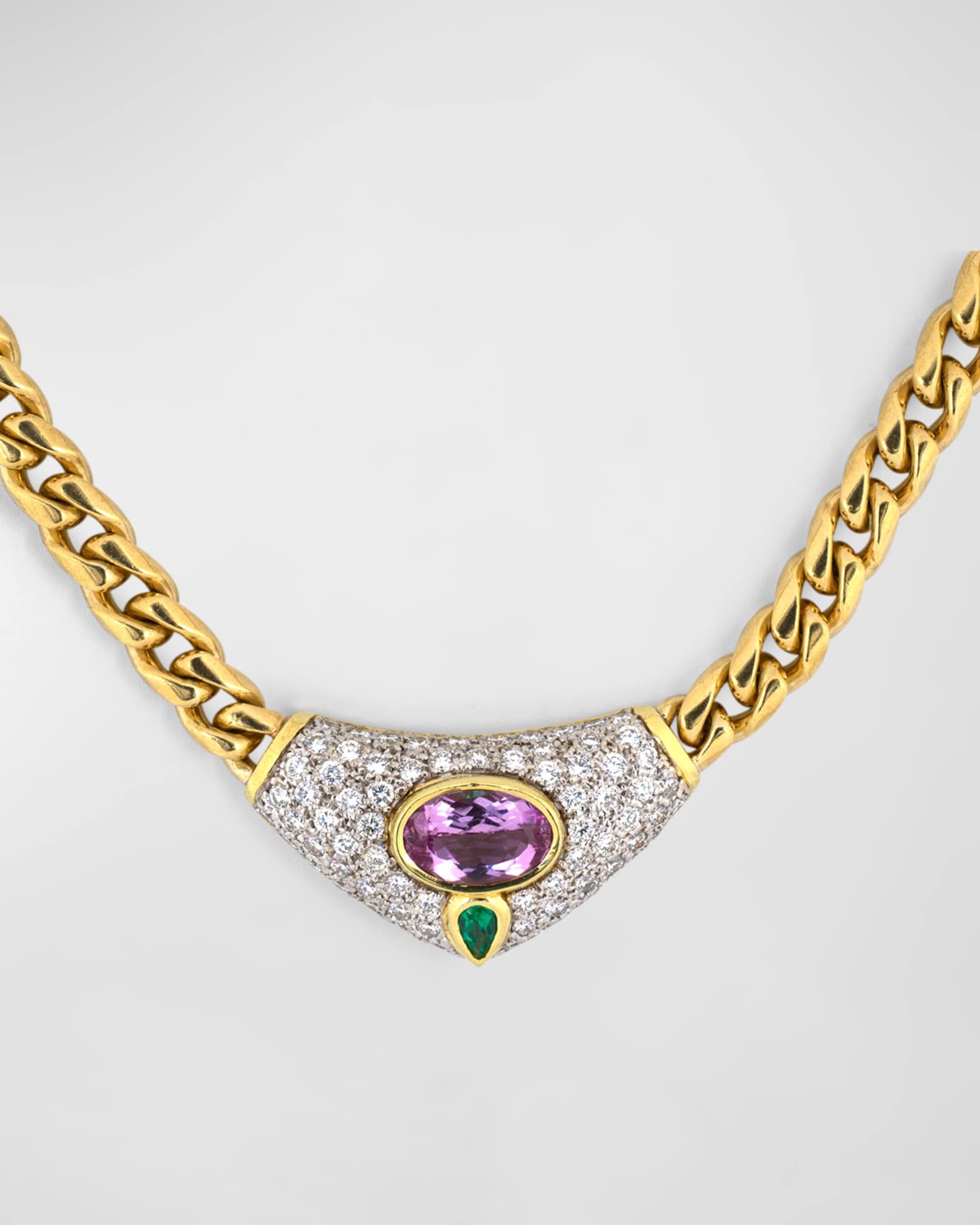 Estate 18K Yellow and White Gold Pink Topaz, Emerald and Diamond Pendant Necklace 1