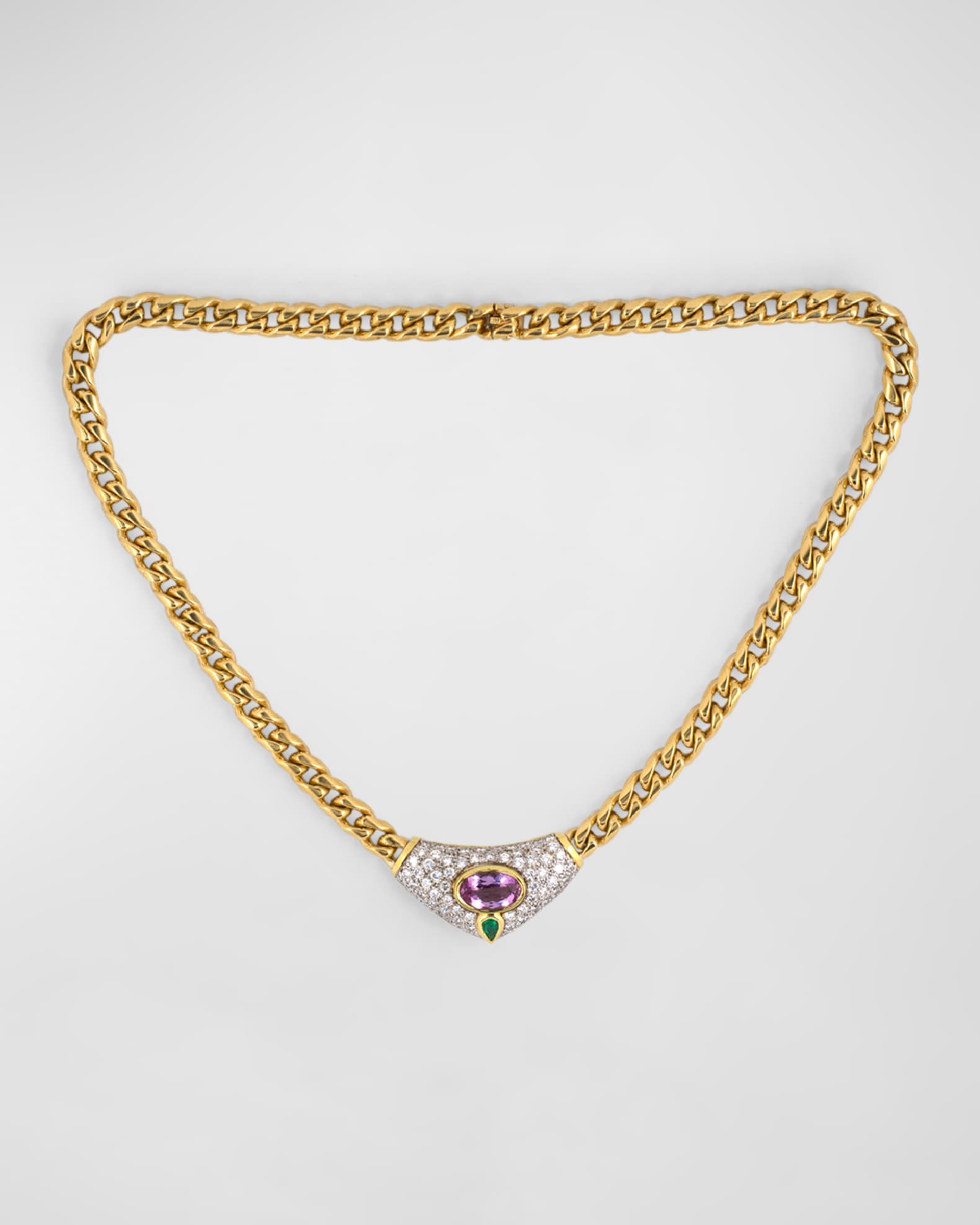 Estate 18K Yellow and White Gold Pink Topaz, Emerald and Diamond Pendant Necklace 0