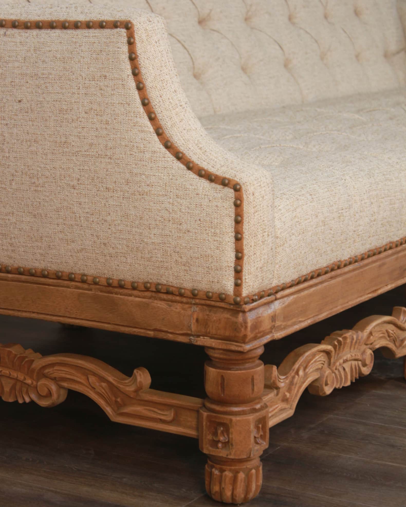 Camelia Sofa with Natural Wood Hand-Carved Base 1