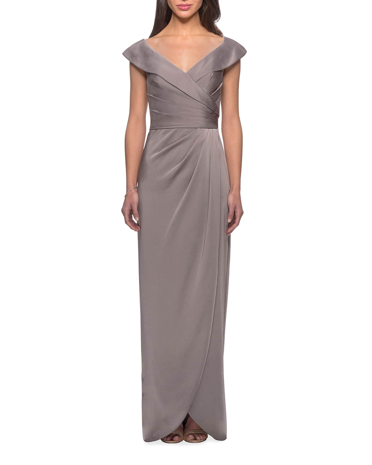 La Femme Off-the-Shoulder Ruched Jersey Column Gown | Neiman Marcus