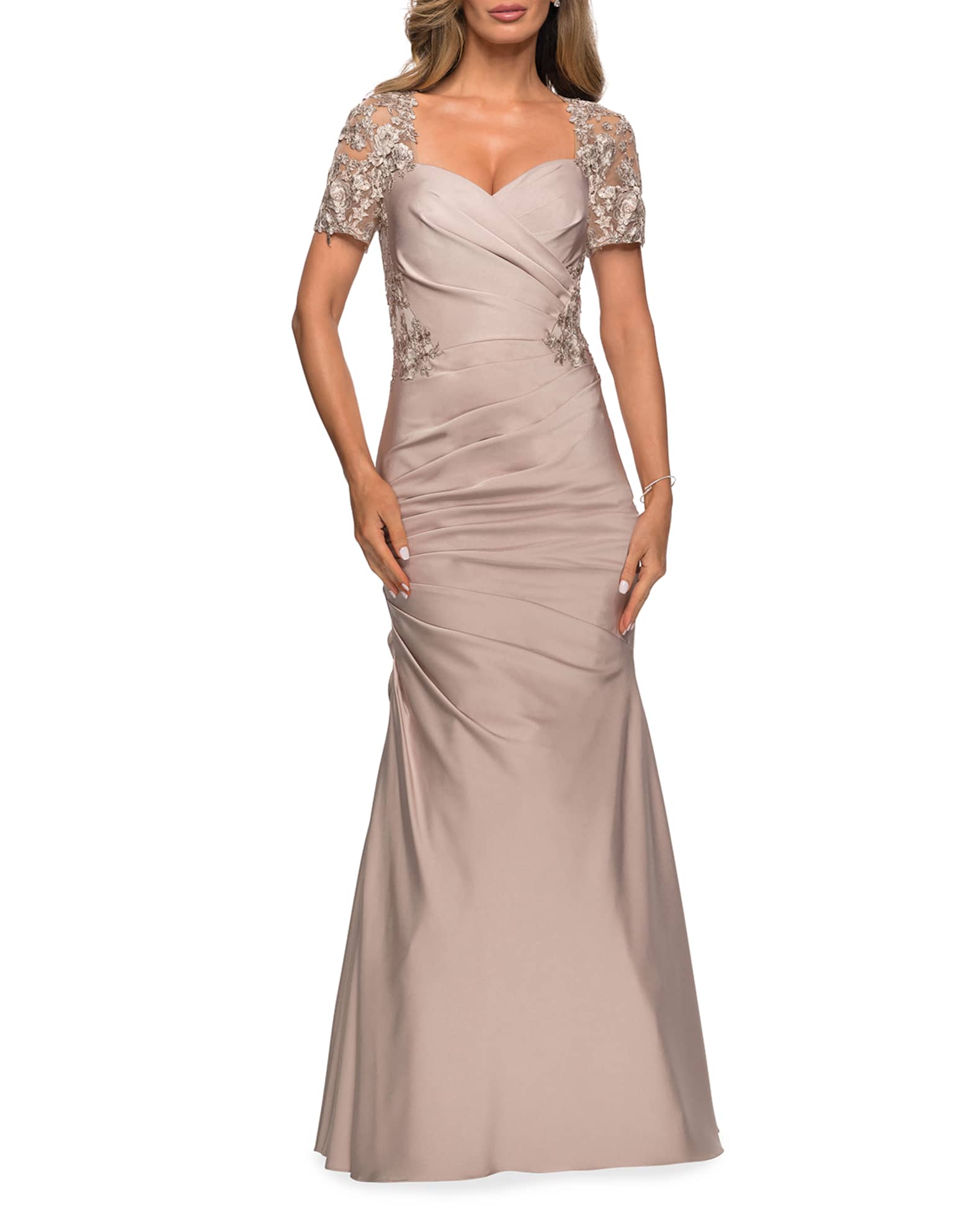 la femme beaded lace ruched gown