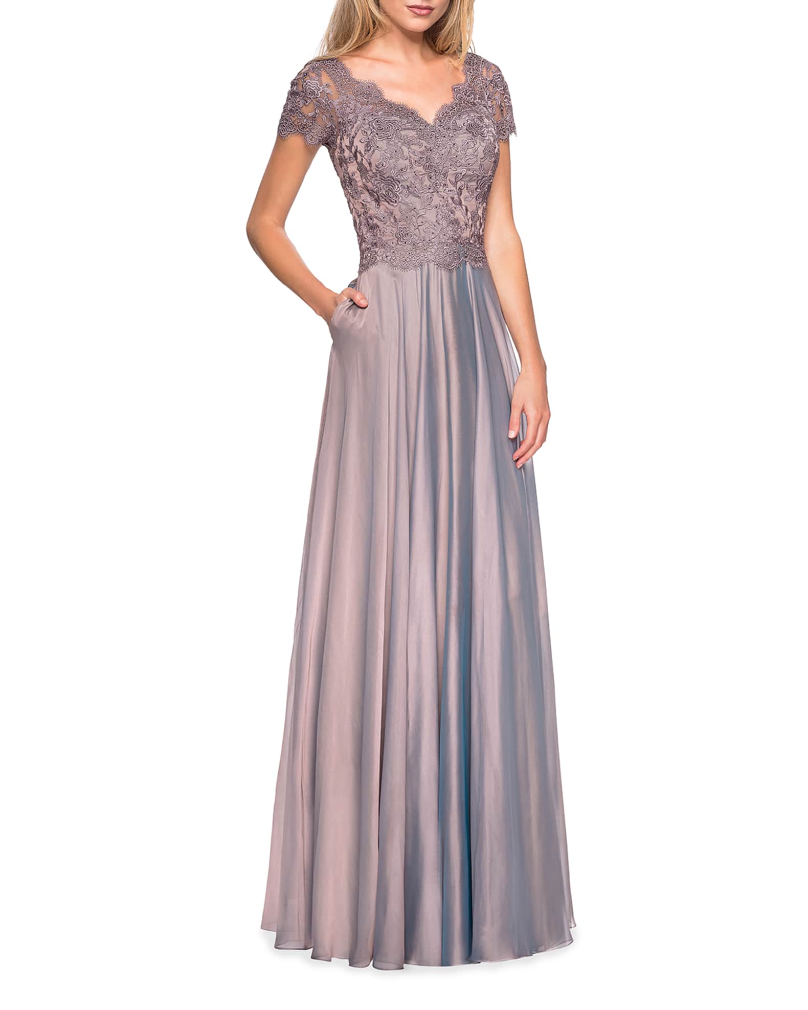 La Femme Lace Bodice Chiffon A-Line Gown | Neiman Marcus