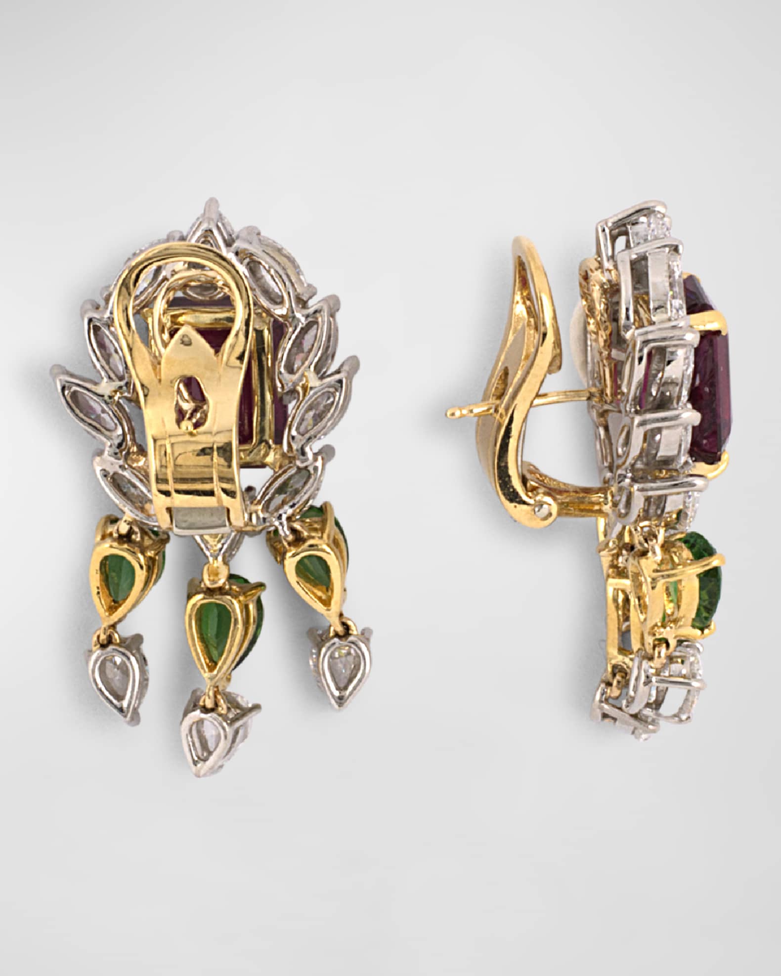 Estate 18K Yellow Gold and Platinum Drop Earrings with Garnets, Diamonds and Tourmalines 1