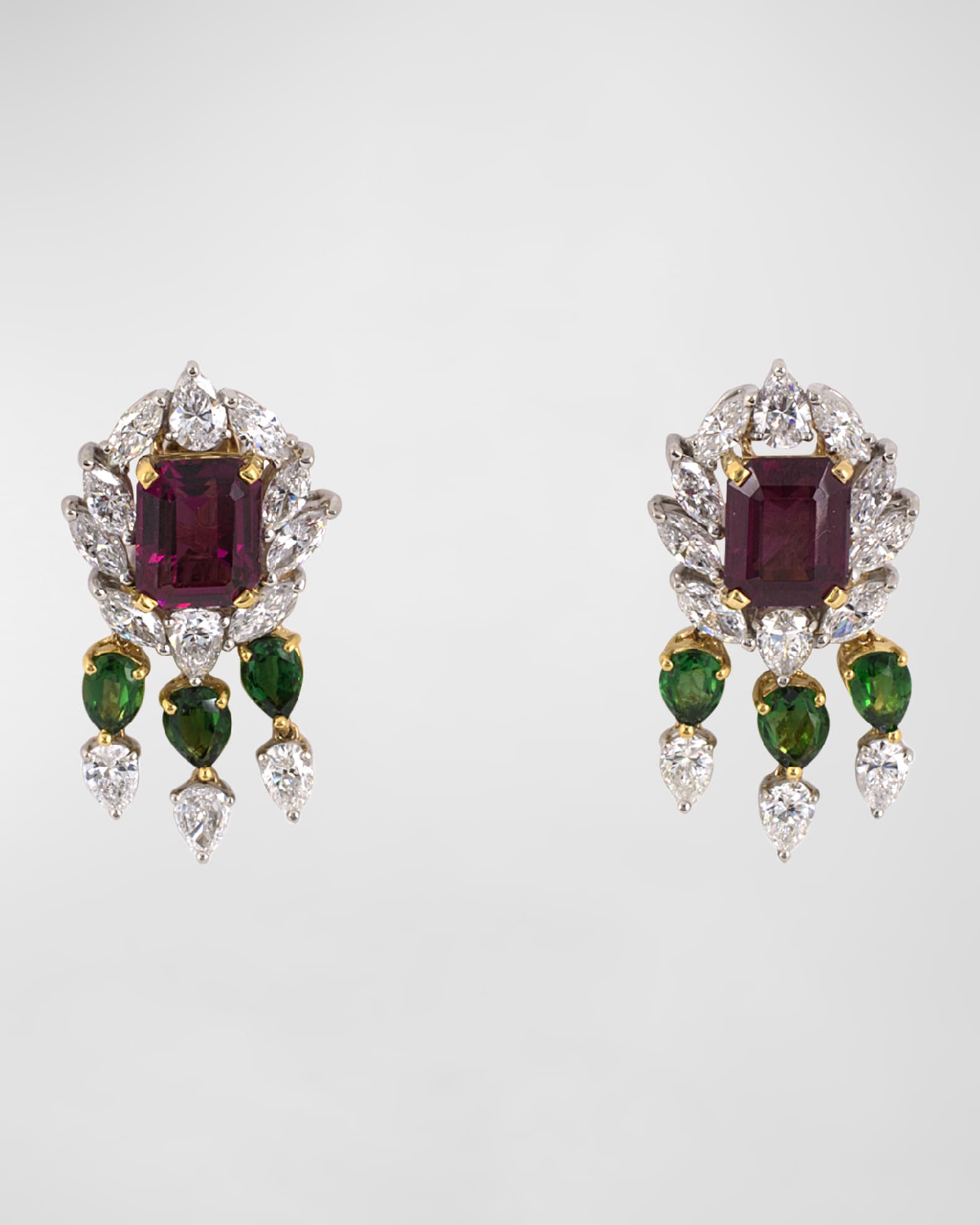 Estate 18K Yellow Gold and Platinum Drop Earrings with Garnets, Diamonds and Tourmalines 0