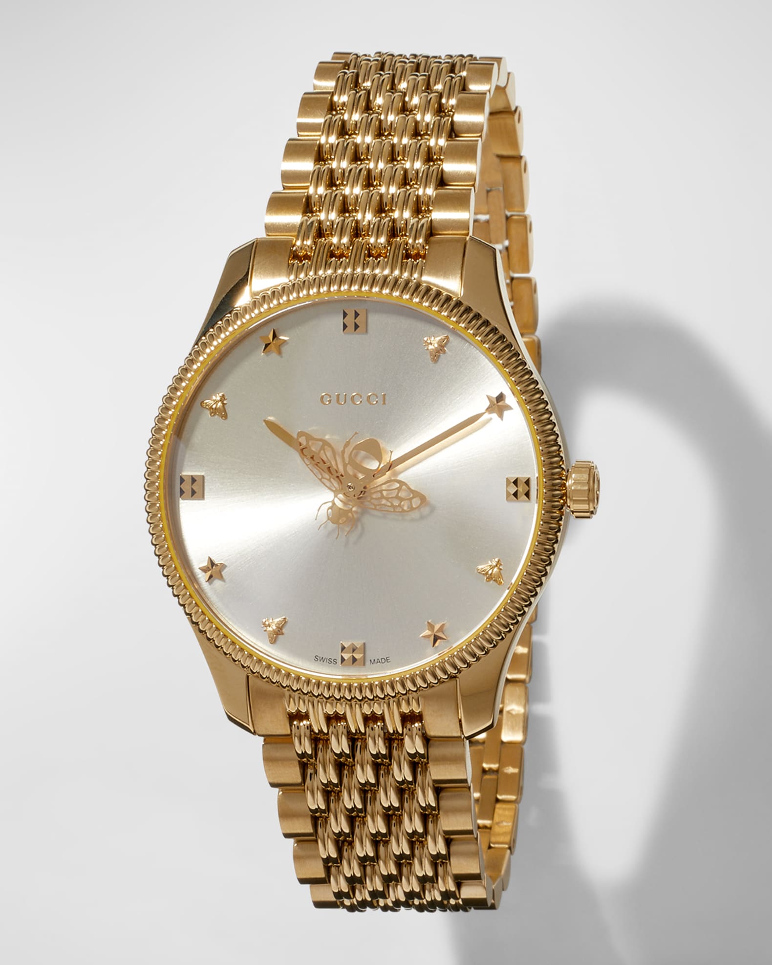 neimanmarcus.com | 36mm G-Timeless Bee Watch with Bracelet Strap, Gold/Silver
