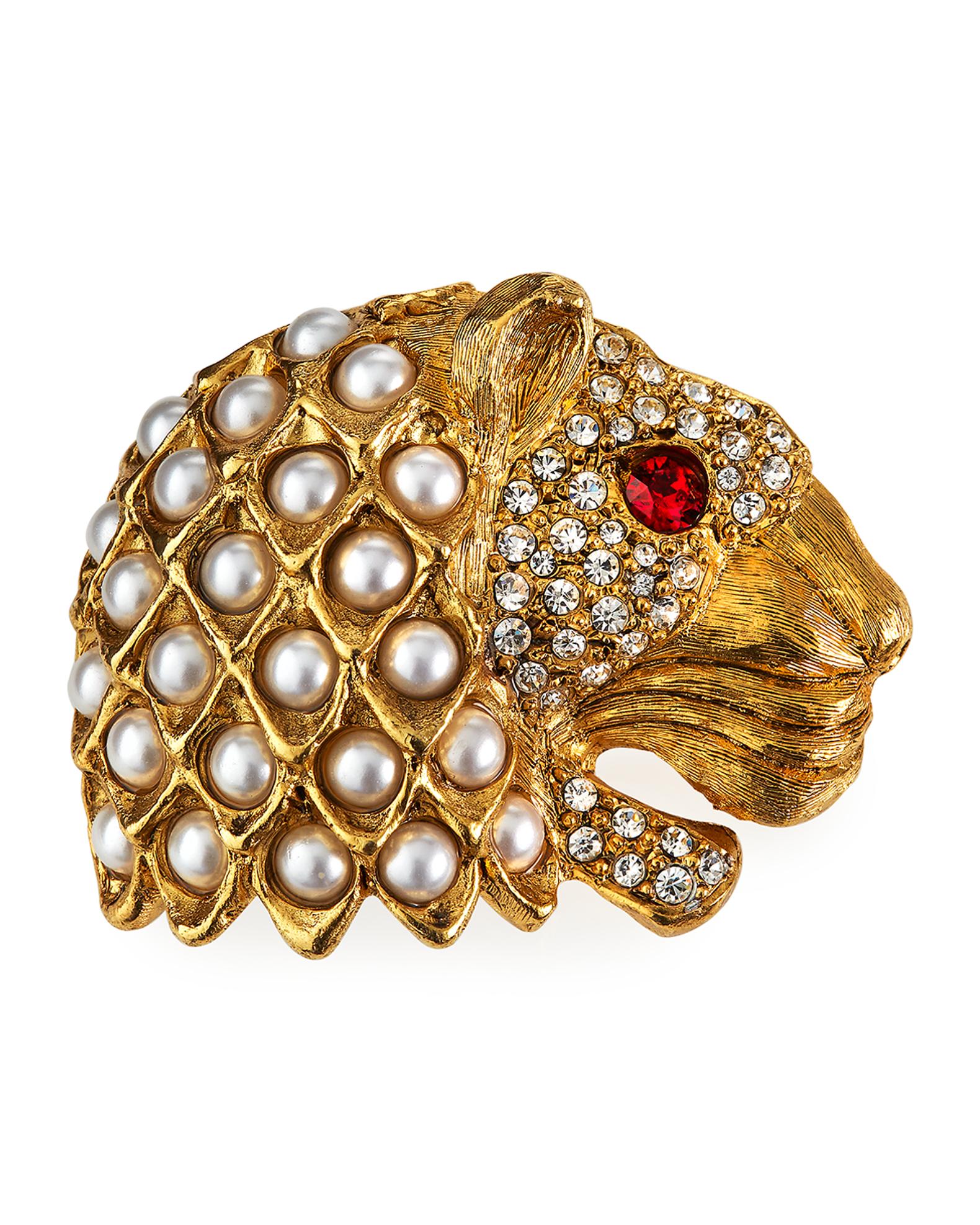 Épingle Vintage Kenneth J. L. - Tête De Lion Plaqué Or, Verre Ambre, Strass - Occasion