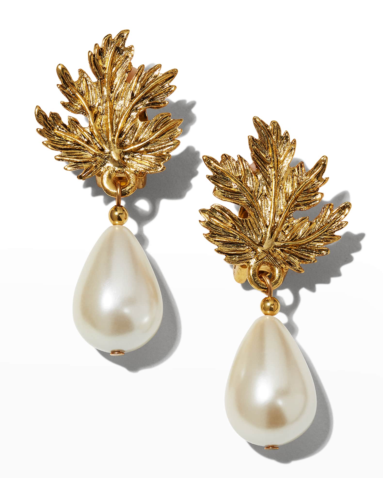 Kenneth Jay Lane Leaf Clip Pearly Earrings Neiman Marcus