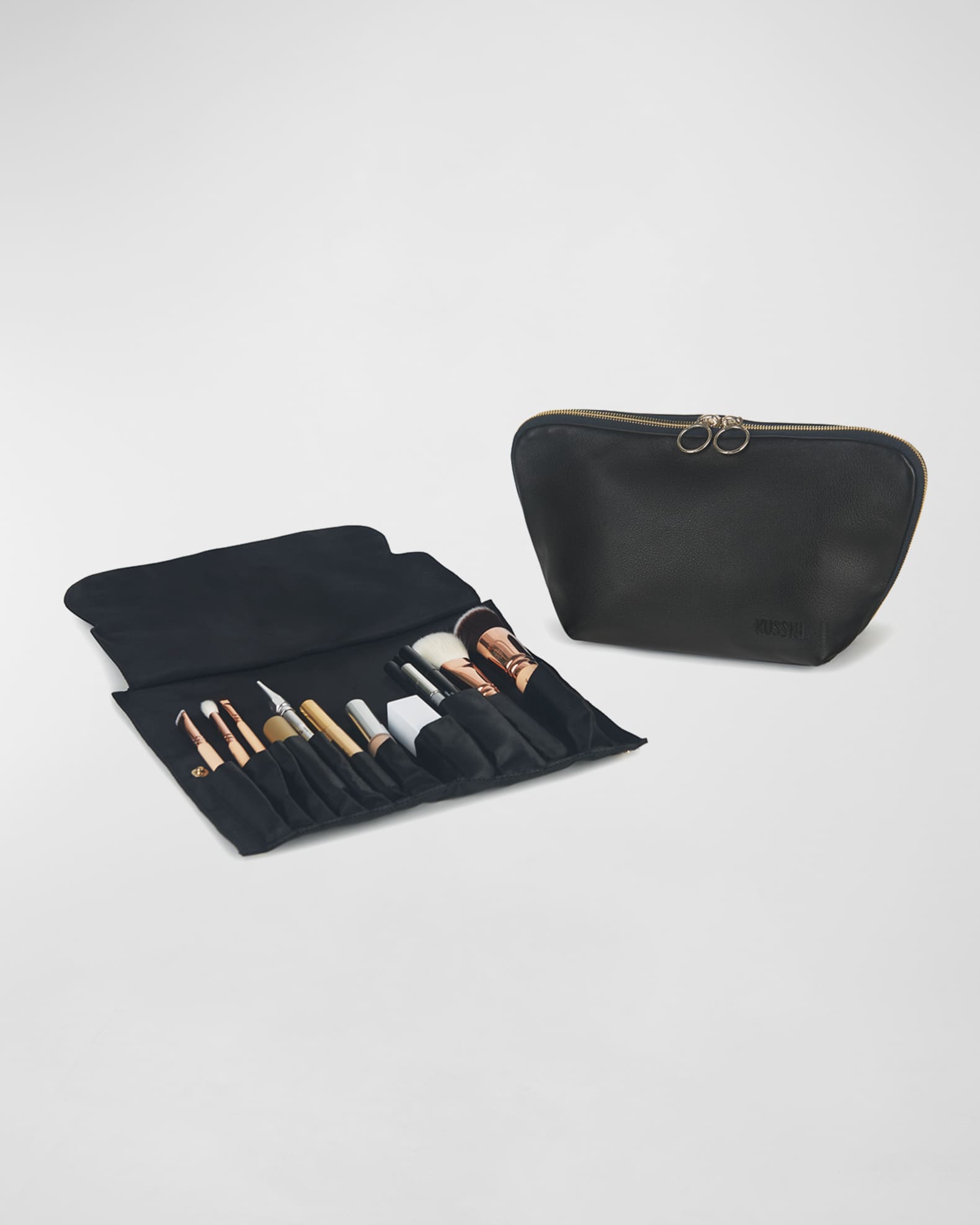 KUSSHI Signature Leather Makeup Brush Organizer Black Leather Leopard