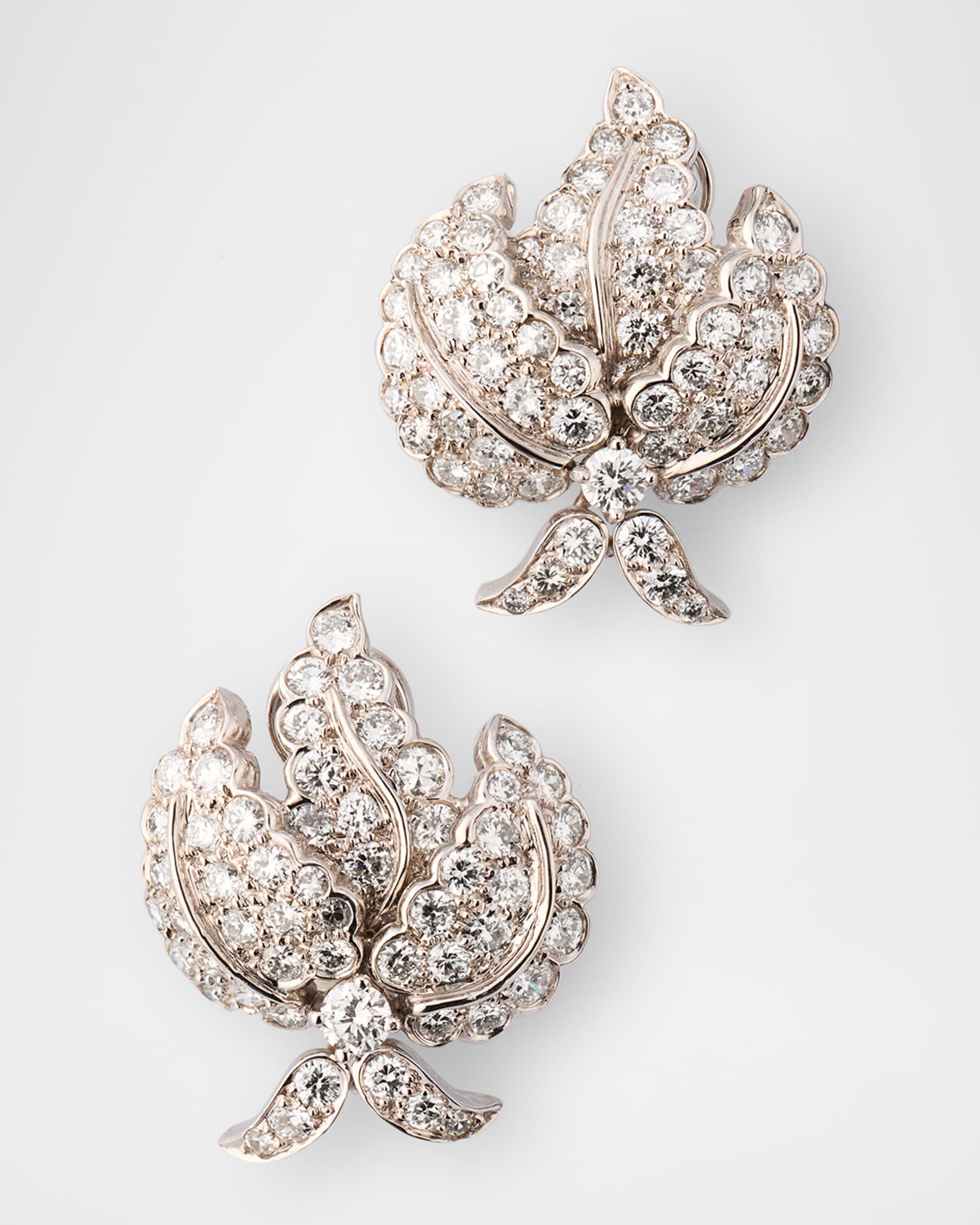 Estate Platinum Floral Leaf Clip-On Earrings with Diamonds 0
