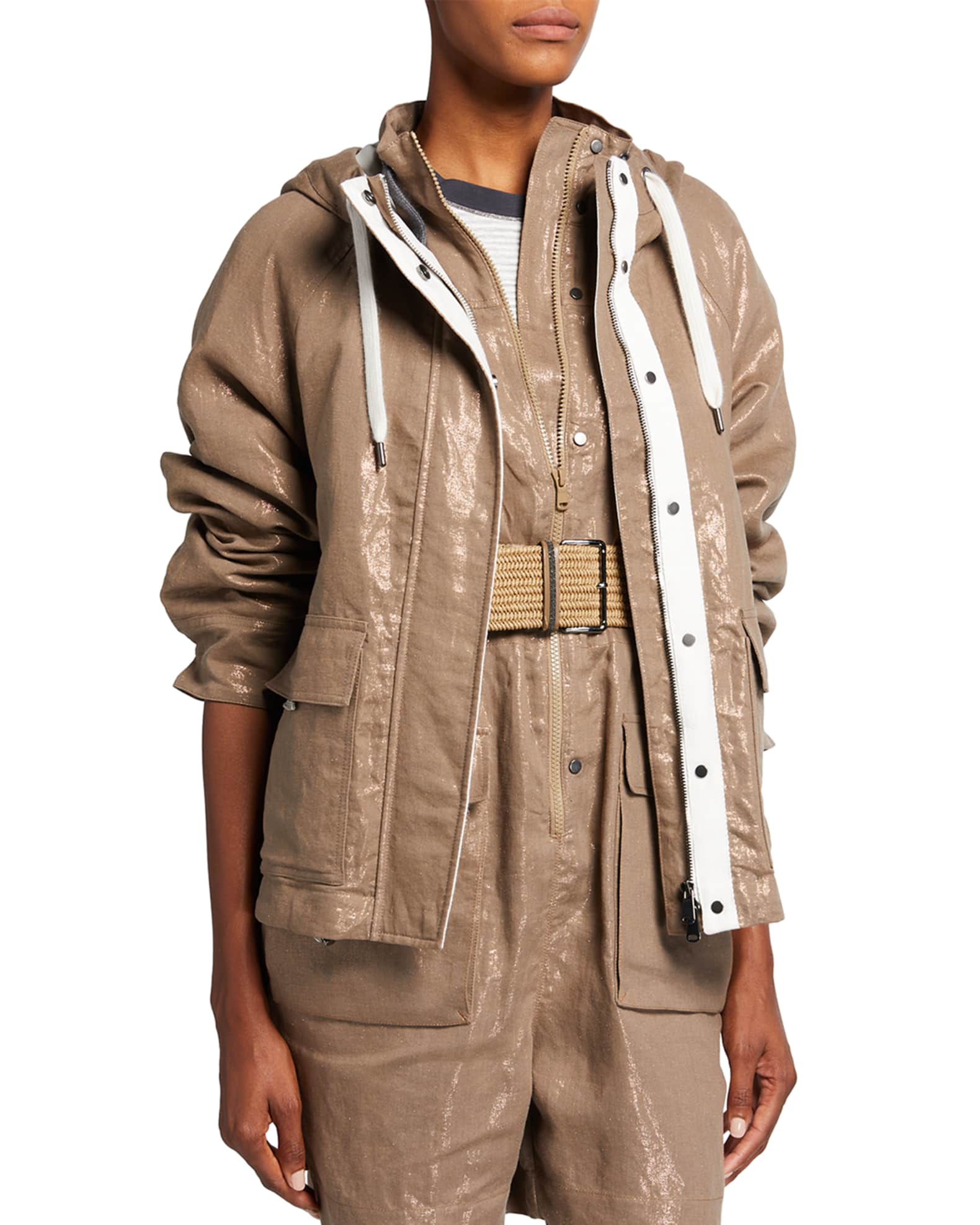 Plated Linen Hooded Jacket w/ Monili Trim and Matching Items Neiman